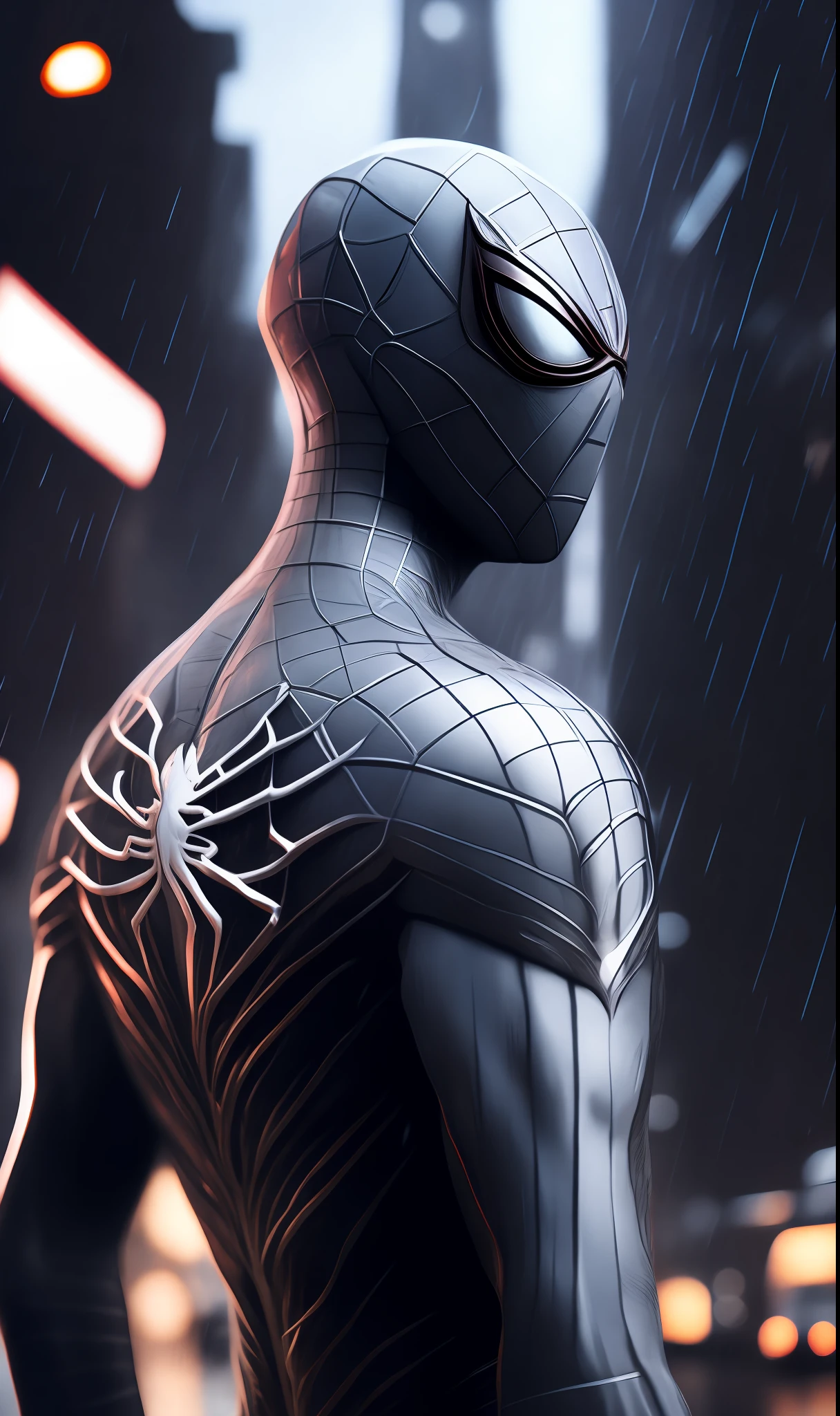 Photo of Silver Spider-Man from Marvel standing outside the city 17, rainy, rtx, octane, unreal