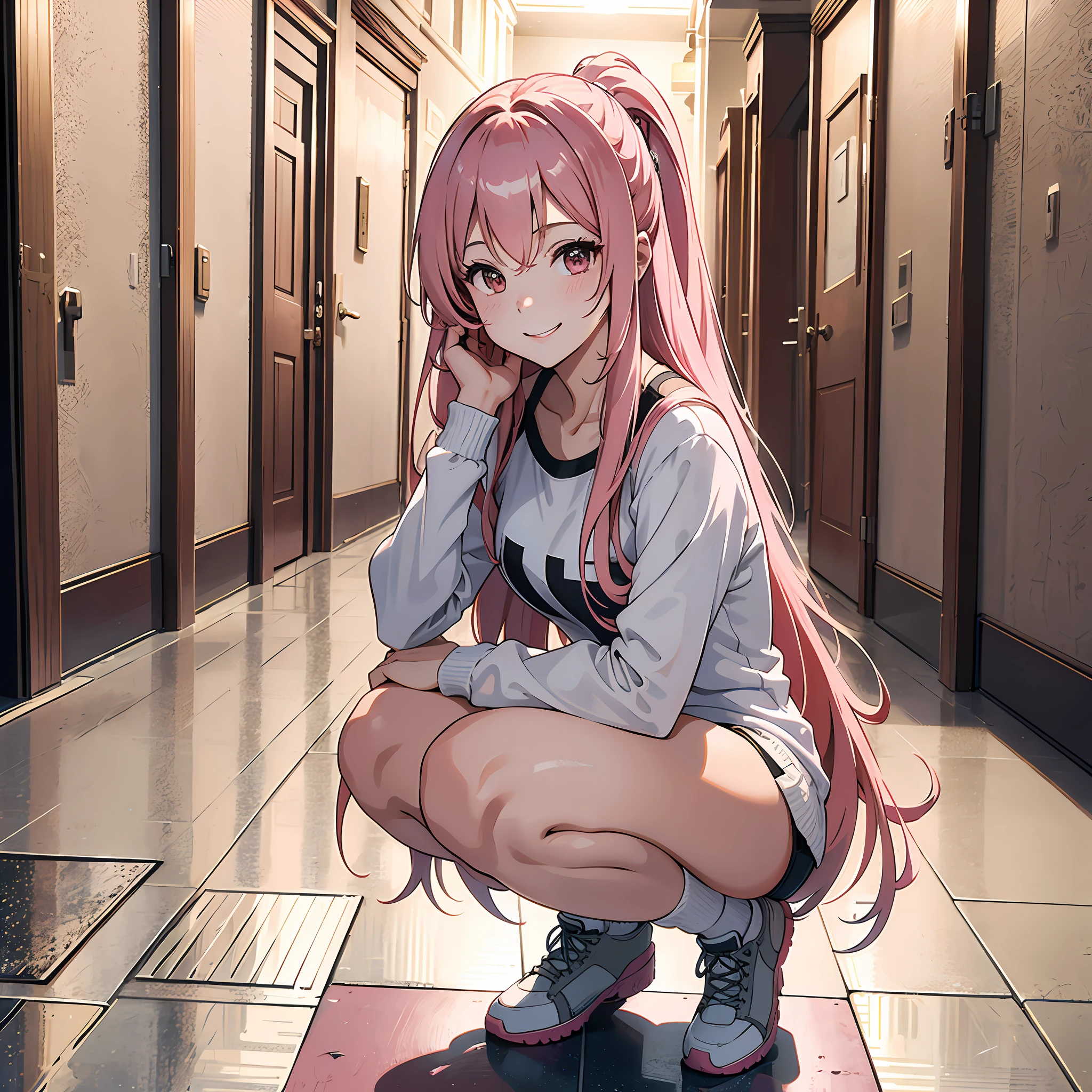 Ultra high resolution, 16k, ((masterpiece)), ((best quality))), ((ultra-detailed)), upper body view, a girl, long pink hair, smiling, squatting in a hallway