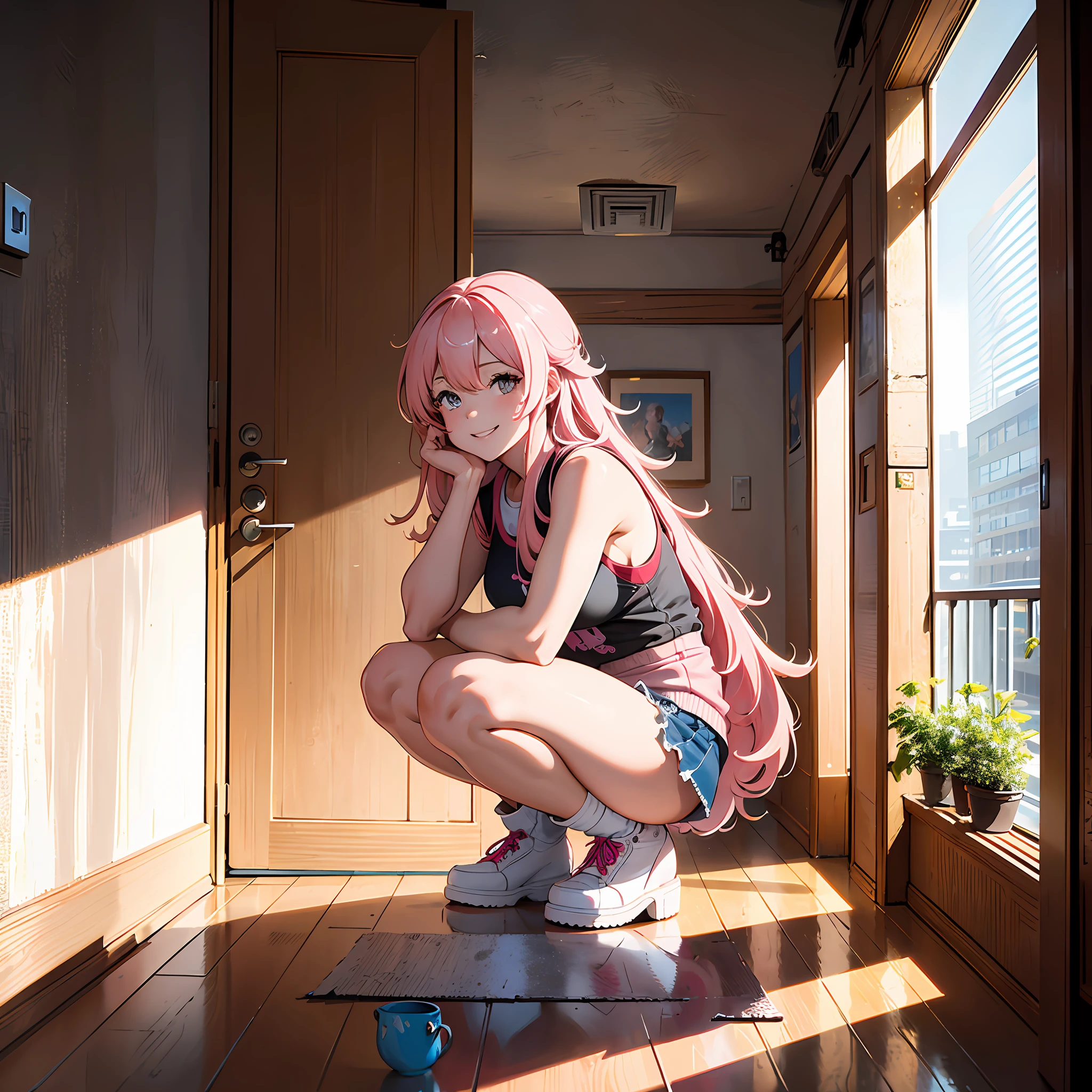 Ultra high resolution, 16k, ((masterpiece)), ((best quality))), ((ultra-detailed)), upper body view, a girl, long pink hair, smiling, squatting in a hallway