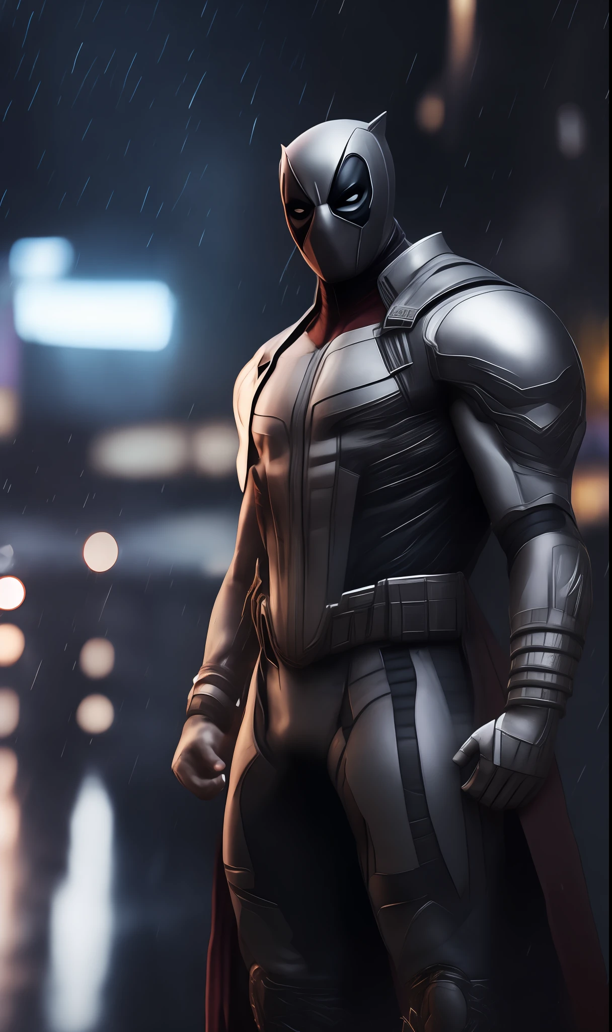 photo of Silver Deadpool from Marvel standing outside the city 17, rainy, rtx, octane, unreal