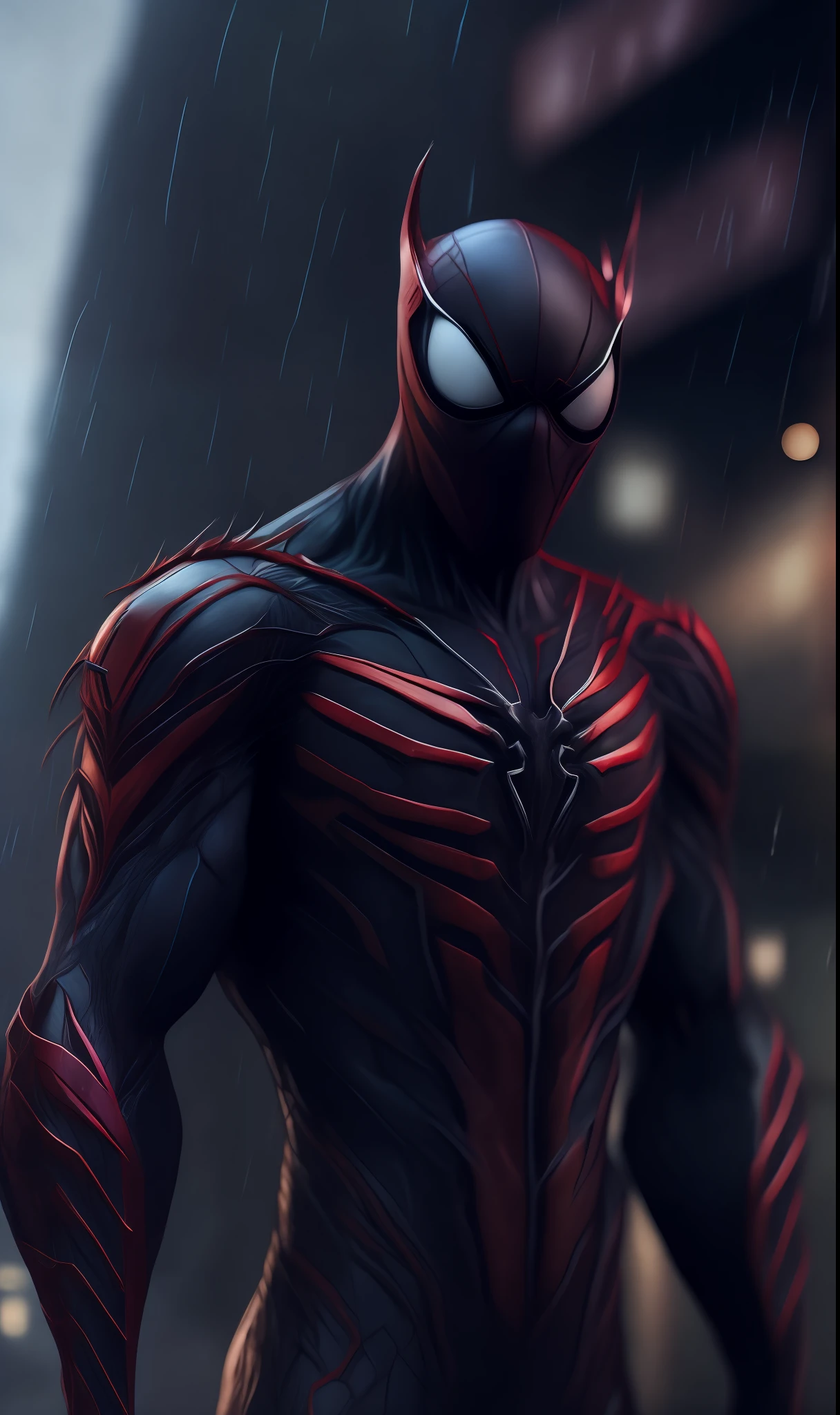 photo of Spider-Venom from Marvel standing outside the city 17, rainy, rtx, octane, unreal