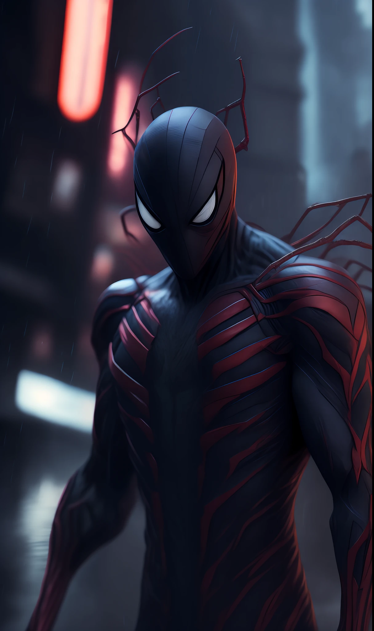 photo of Spider-Venom from Marvel standing outside the city 17, rainy, rtx, octane, unreal