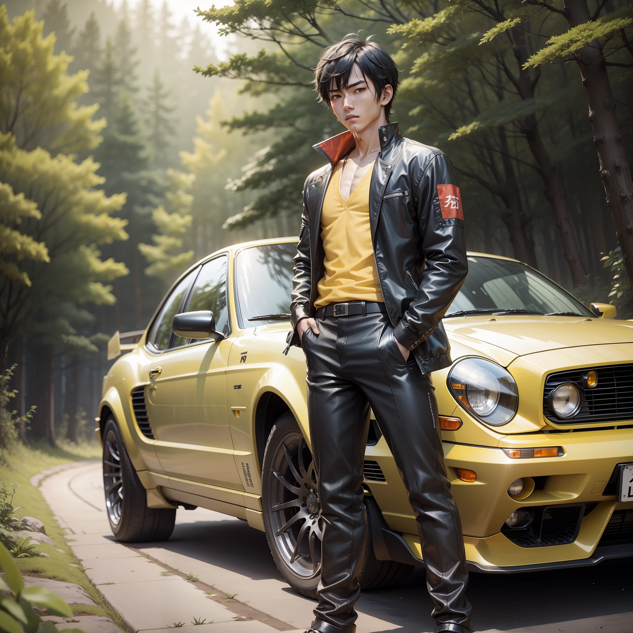 there is a beautiful men standing next to a yellow car, miura kentaro style, kentaro miura style, inspired by Ueda Fumito, inspired by Kentaro Miura, <mmorpgs scene, second life avatar, koyoharu gotouge, in style of kentaro miura, in the cyberpunk countryside, black hair, japanese forest, touge, drifters