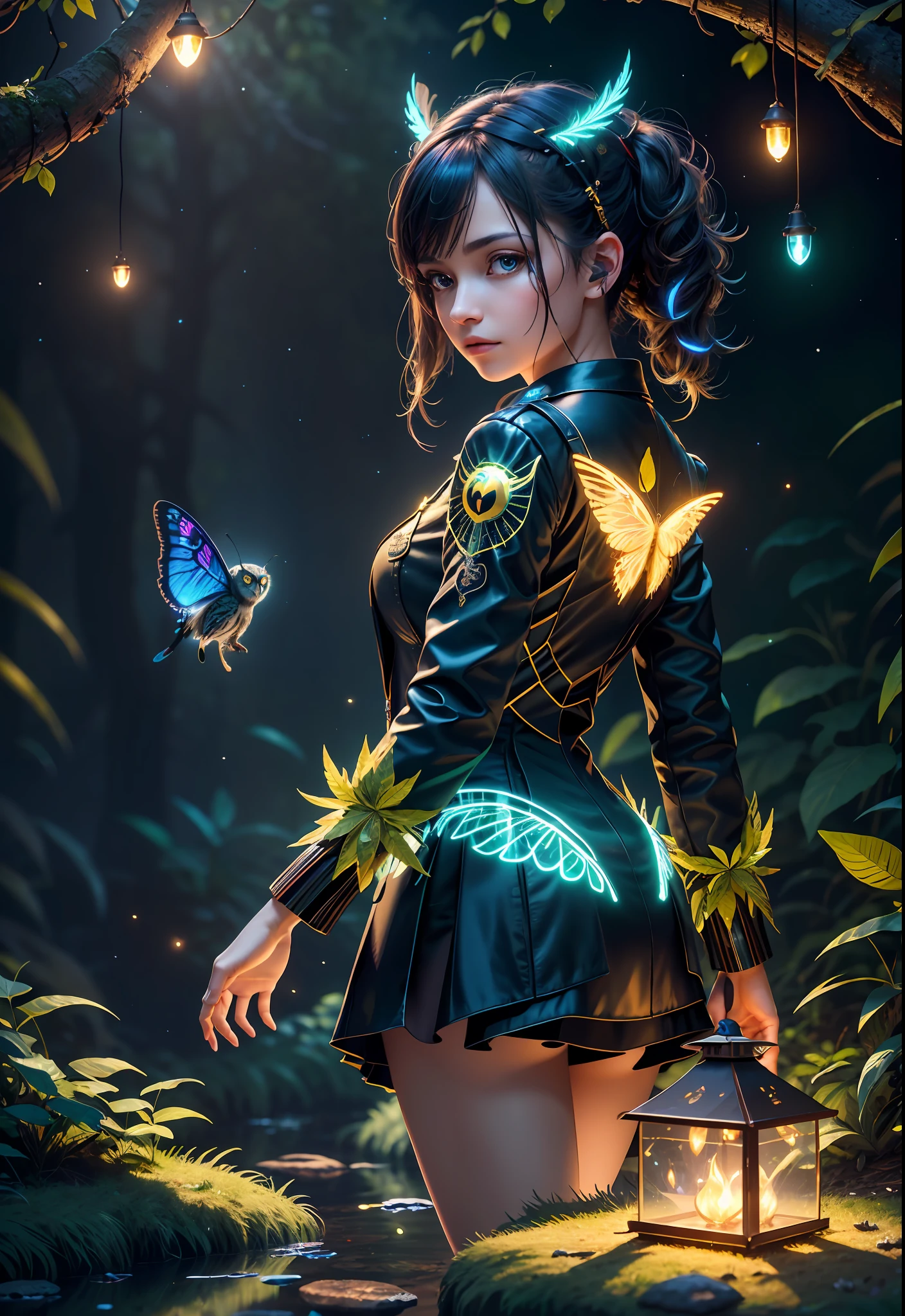 Masterpiece, best quality, extremely beautiful reflection, best reflection. (Very detailed CG unity 8k wallpaper), (best quality), (best illustration), (best shadow), a photo of a cybernetic owl, perched on barbed wire in a dark alley. His eyes are neon blue, reflecting the lights of the surrounding city. The feathers are fragmented and iridescent, and there is a wonderful code running through them. The shots used create a deformation effect, giving the impression that an owl is observing the viewer from all angles, with a forest theme with natural elements. Tall trees, quiet stream, glowing small mushrooms surrounded by delicate leaves and branches, and fireflies and glowing particle effects, (natural elements), (jungle theme), (leaves), (branches), (fireflies), butterflies, (delicate leaves), (glow), (particle effects), isometric 3D, Octane rendering, ray tracing, super detailed