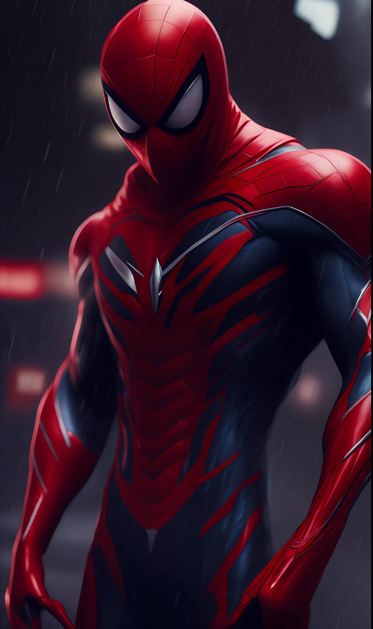 Photo of Scarlet Spider from Marvel standing outside the city 17, rainy, rtx, octane, unreal