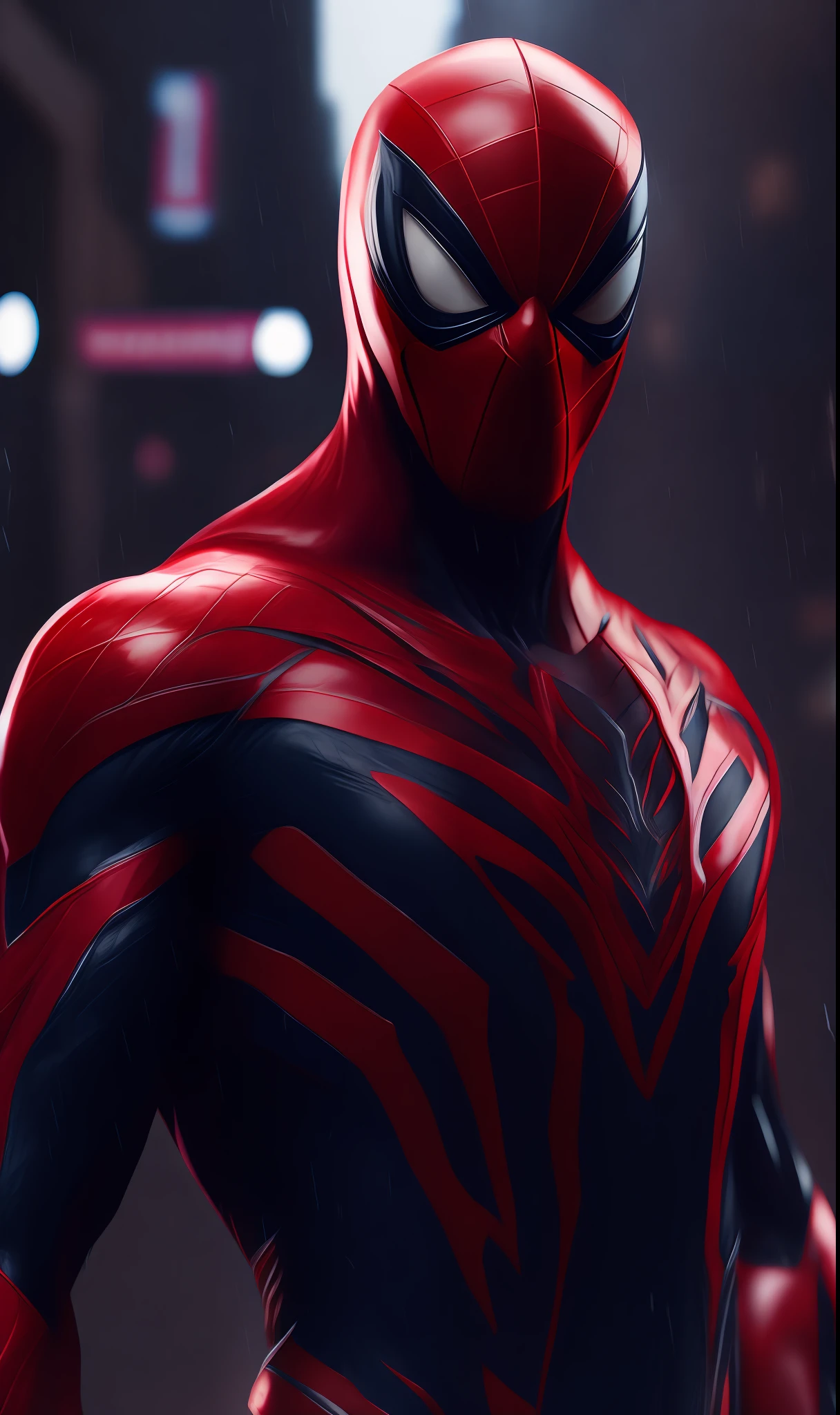 Photo of Scarlet Spider from Marvel standing outside the city 17, rainy, rtx, octane, unreal