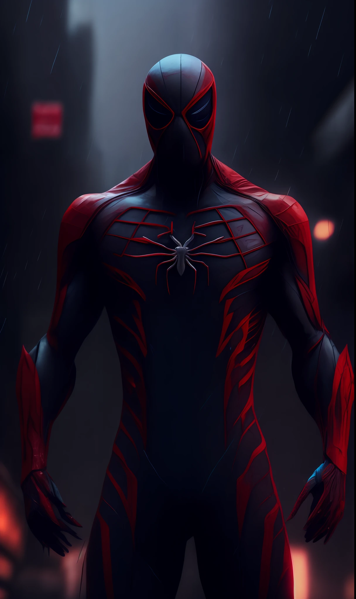 Photo of Blood Spider from Marvel standing outside the city 17, rainy, rtx, octane, unreal