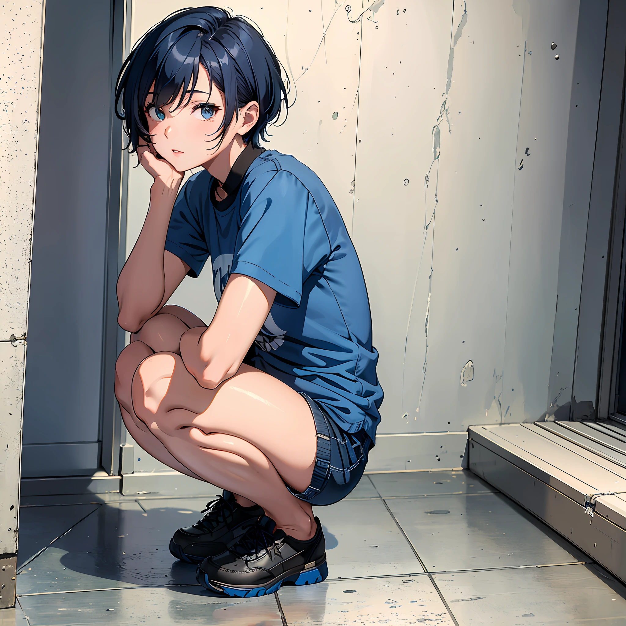 Ultra high resolution, 16k, ((Masterpiece)), ((Best Quality))), ((Ultra detailed)), upper body perspective, a girl with short blue hair, squatting in a hallway