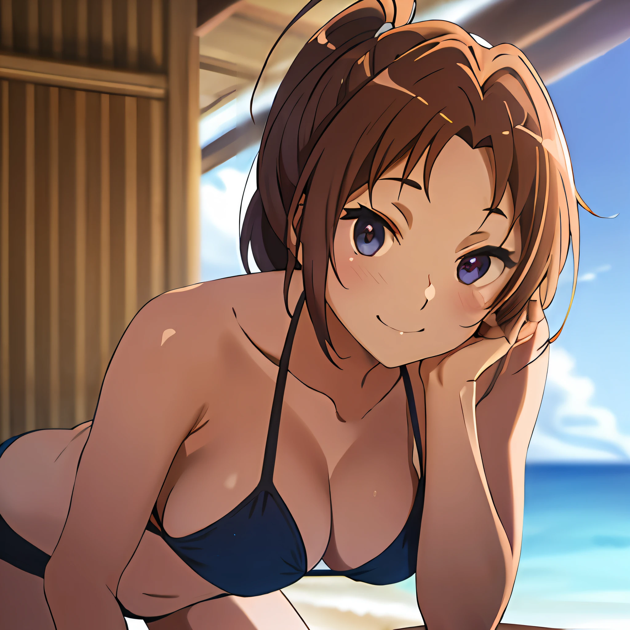 (masterpiece, best quality, 8k, highres:1.2), 1girl, bikini, beach, shy smile, troubled eyebrows, leaning forward,