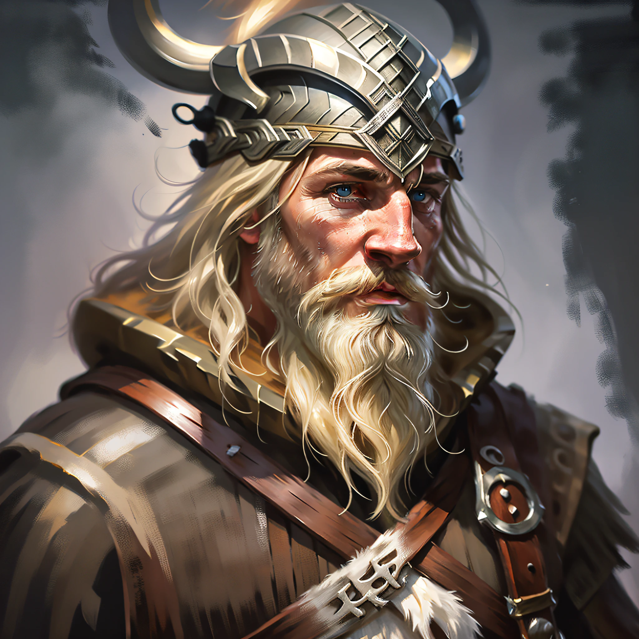 white man nordic beared viking helmet bold stare dark ambience looking to the camera oil painting alla prima wet on wet artstyle character