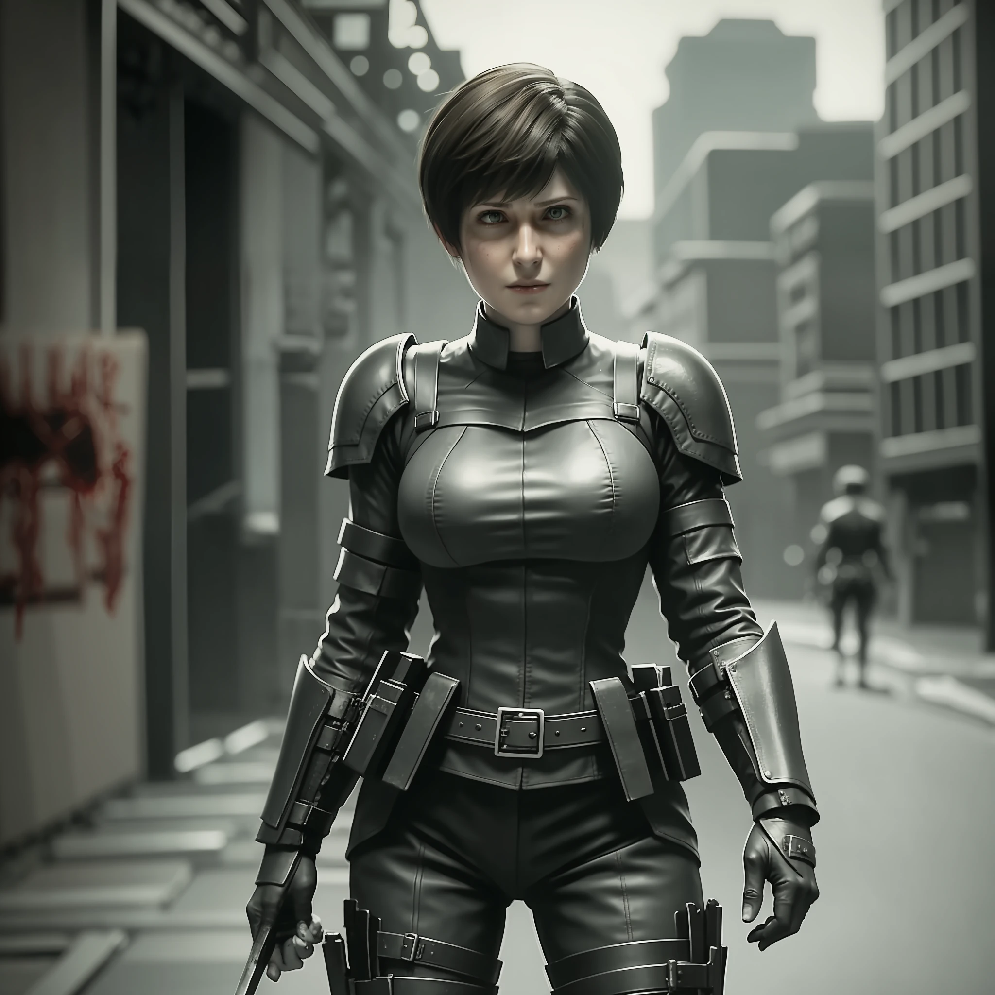 Rebecca chambers in black detailed military armor in a dark and bloody city