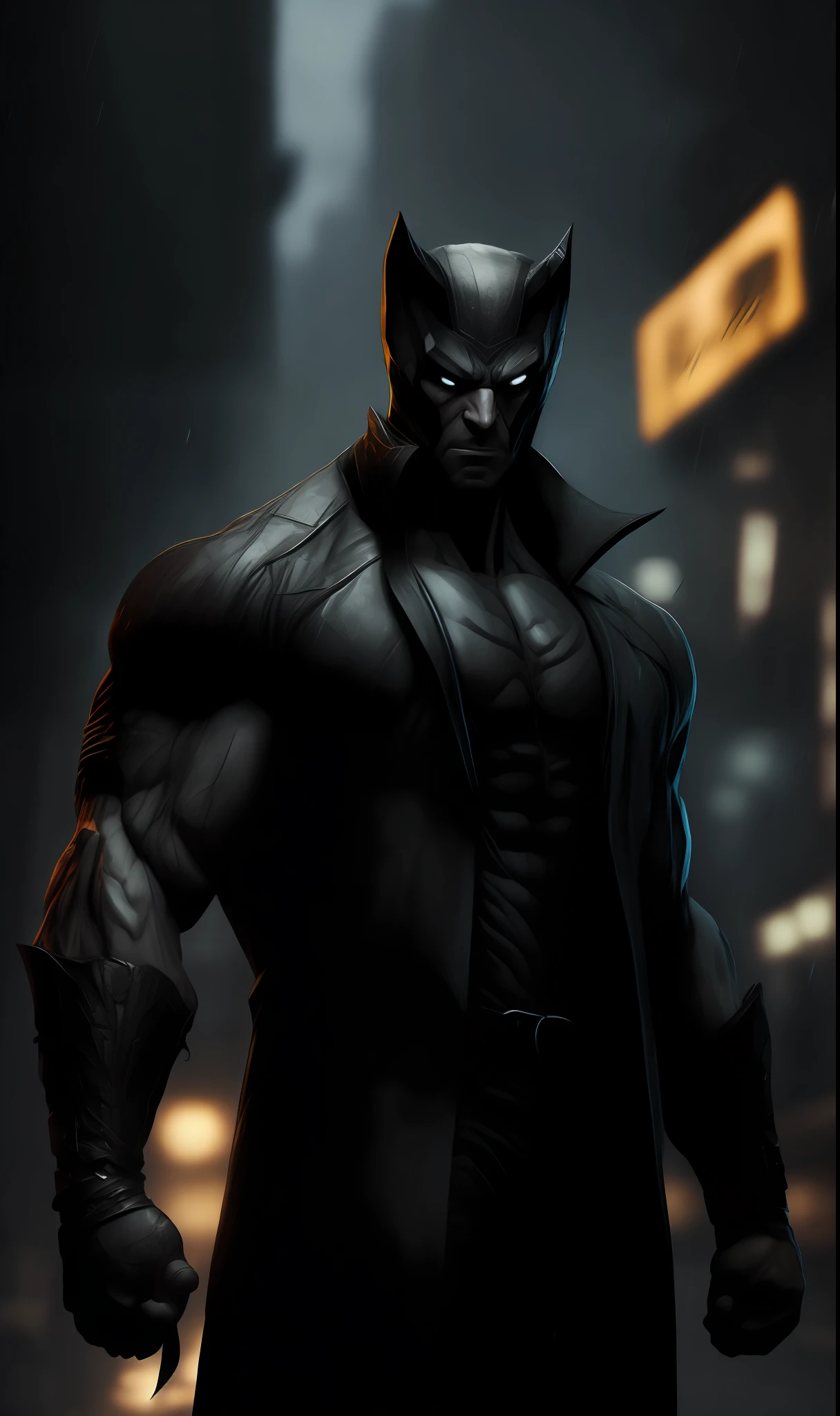 Photo of Wolverine Noir from Marvel standing outside the city 17, rainy, rtx, octane, unreal