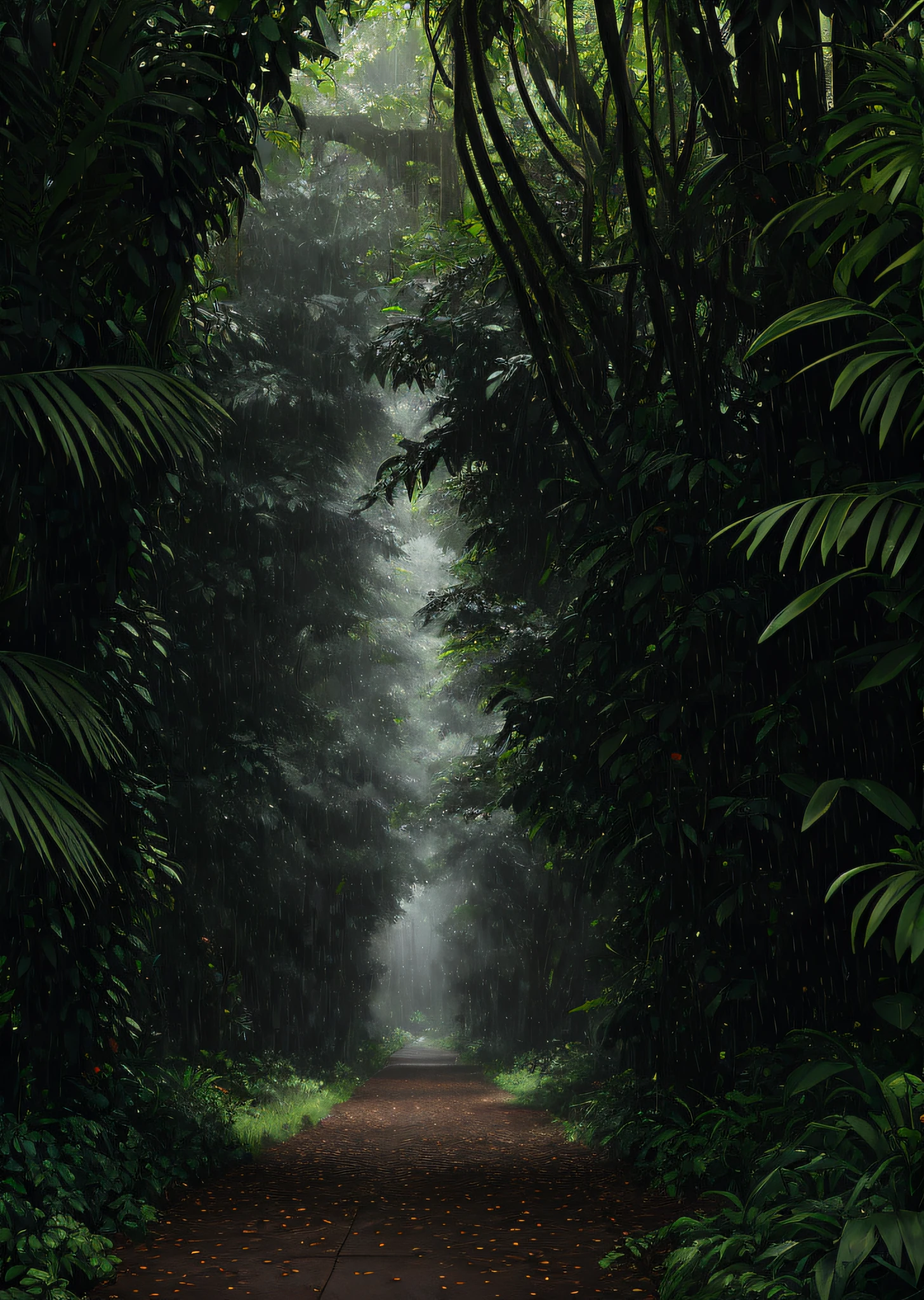 A jungle, with intense rainfall, monochromatic, vines all around, giant and wet trees, masterpiece, best quality, high quality, extremely detailed CG unity 8k wallpaper, oil paiting, award winning photography, Bokeh, Depth of Field, HDR, bloom, Chromatic Aberration ,Photorealistic,extremely detailed, trending on artstation, trending on CGsociety, Intricate, High Detail, dramatic, art by midjourney, volumetric lighting
