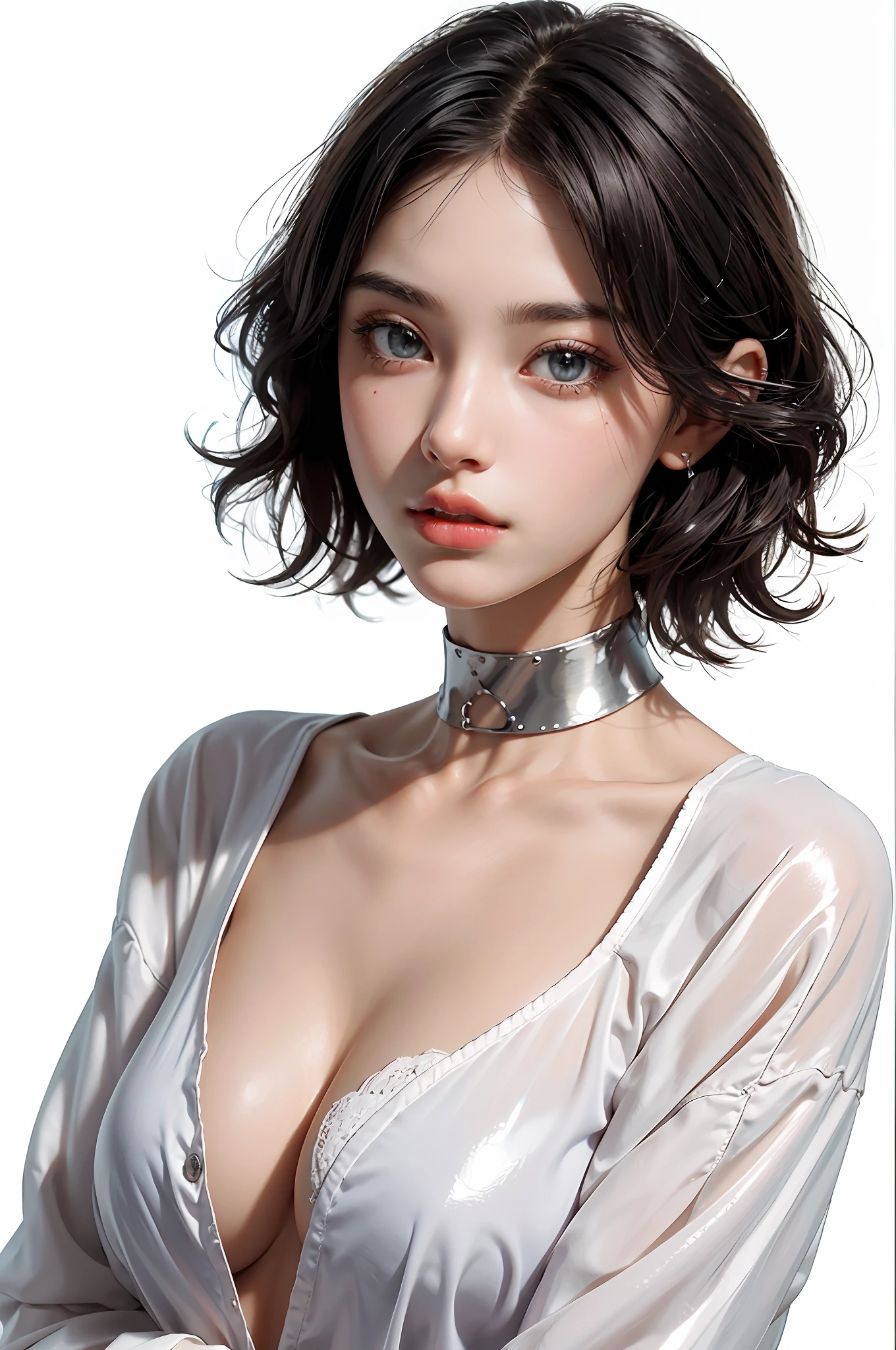 Top Quality, White Skin, Real Human Skin, (Detailed), Oval Face, Pore, Ultra High Resolution, (8k, RAW Photography, Photorealistic: 1.4), One Woman, Slim, (Gentle and Goddess-like Eyes) Happiness: 1.2), (Lip Gloss, Eyelashes, Distinct Double, Clear Eyes, Gloss Face, Best Quality, Ultra High Definition, Wide Lighting, Natural Shading) , Oversized Jacket, Fashion Shirt, White Background, Light Background, Big Breasts, Gloss on Chest, Gloss on Face, Gloss on Skin, Glossy Skin, Fresh Breeze, Straight Hair, Short Bob Hair, Long Neck, Choker