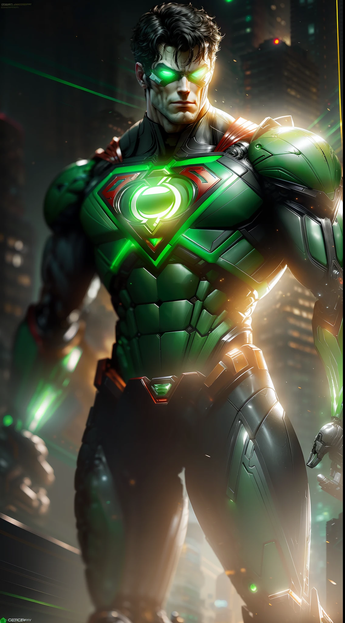 Superman Green Lantern from DC photography, biomechanical, complex robot, full height, hyper-realistic, insane small details, extremely clean lines, cyberpunk aesthetic, a masterpiece featured at Zbrush Central