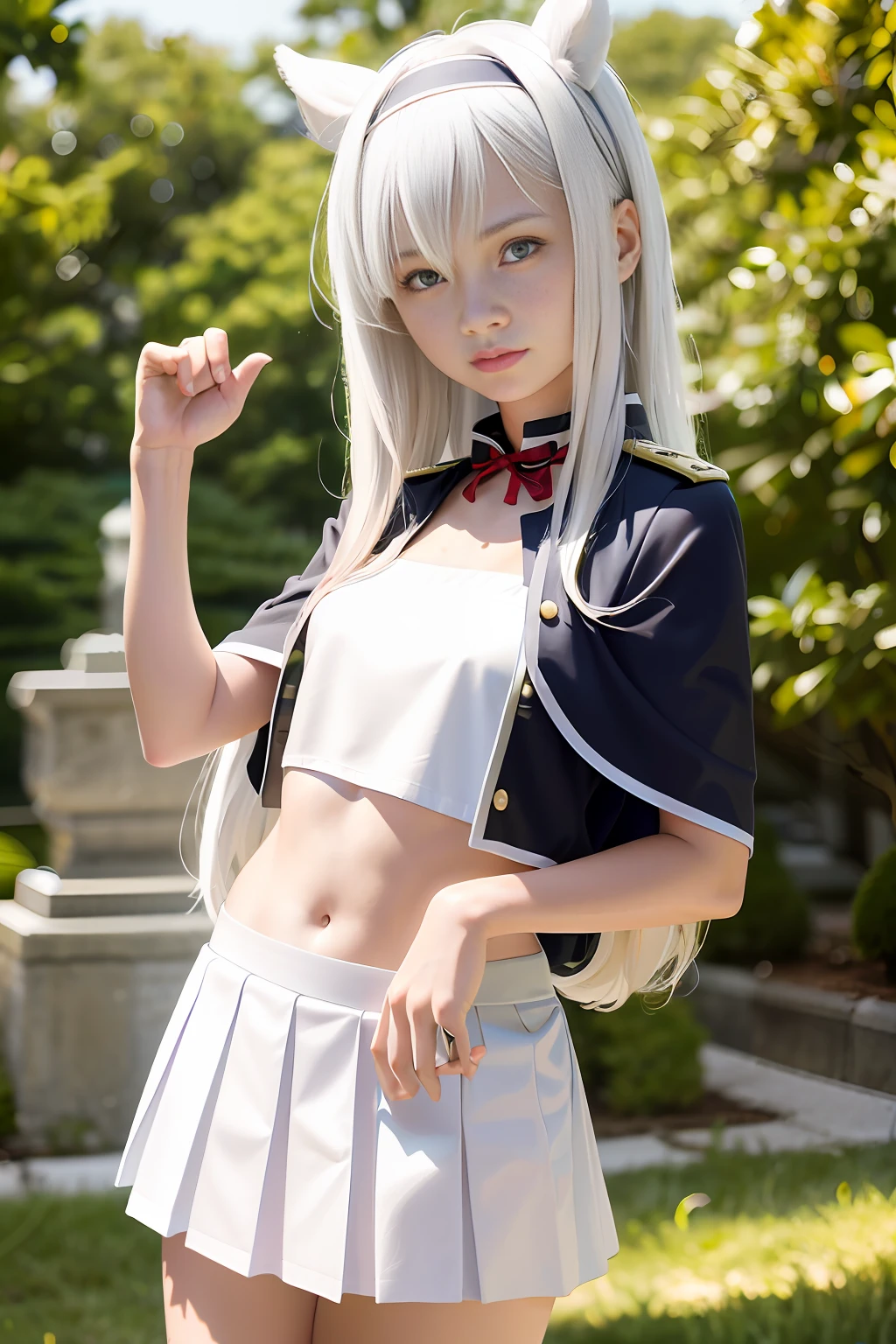 best quality, masterpiece, (photo realisti:1.4), beautiful girl, 16, years old, japanese girl,White hair, green eyes, capelet, crop top, frown, gold trim, hair band, long hair, looking at viewer, midriff, miniskirt, navel, pleated skirt, shirt, skirt, stomach, white shirt, White skirt, sistineFibeldef, sistineFibelrnd, looking up, upper body