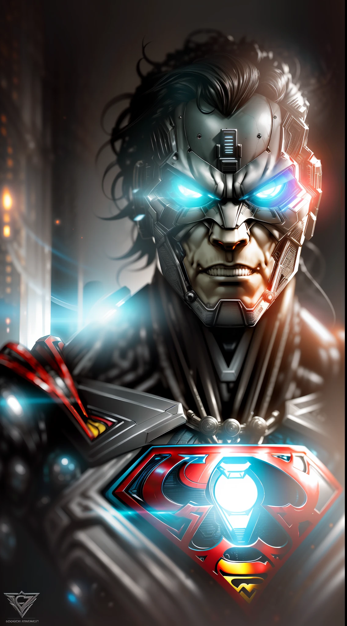 Superman Black Lantern from DC photography, biomechanical, complex robot, full growth, hyper-realistic, insane fine details, extremely clean lines, cyberpunk aesthetic, a masterpiece featured at Zbrush Central