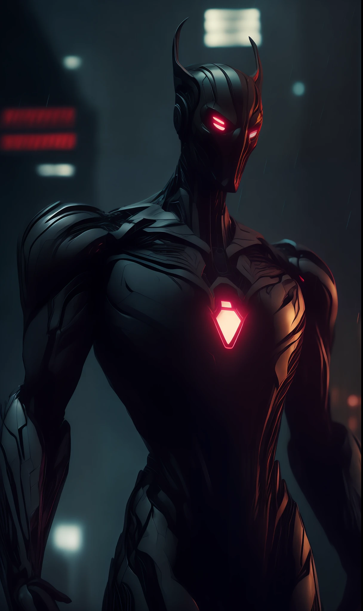 Photo of Ultron Noir from Marvel standing outside the city 17, rainy, rtx, octane, unreal
