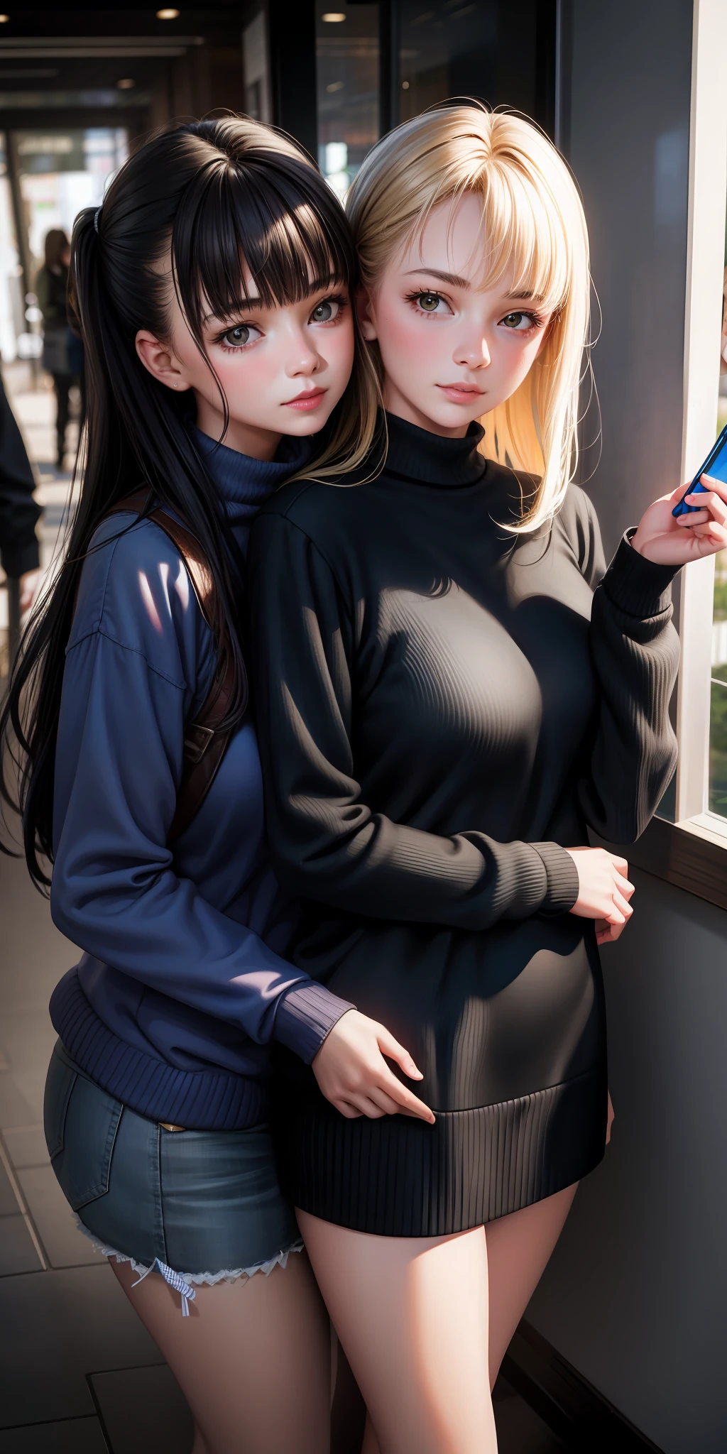 realistic, 2 girls, selfie, wearing sweater,