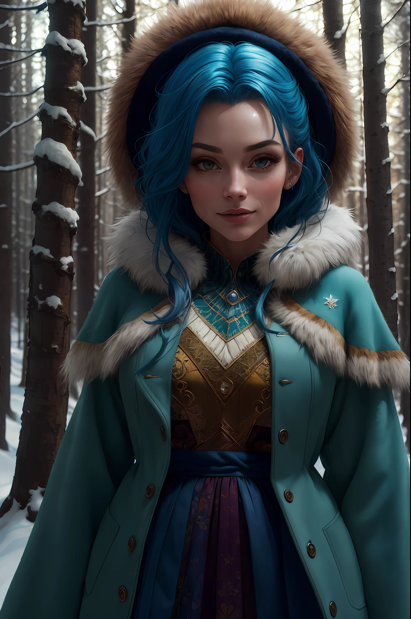 foxie european woman, blue hair, winter forest, natural skin texture, 24mm, 4k textures, soft cinematic light, adobe lightroom, photolab, hdr, intricate, elegant, highly detailed, sharp focus, ((((cinematic look)))), soothing tones, insane details, intricate details, hyperdetailed, low contrast, soft cinematic light, dim colors, exposure blend, hdr, faded