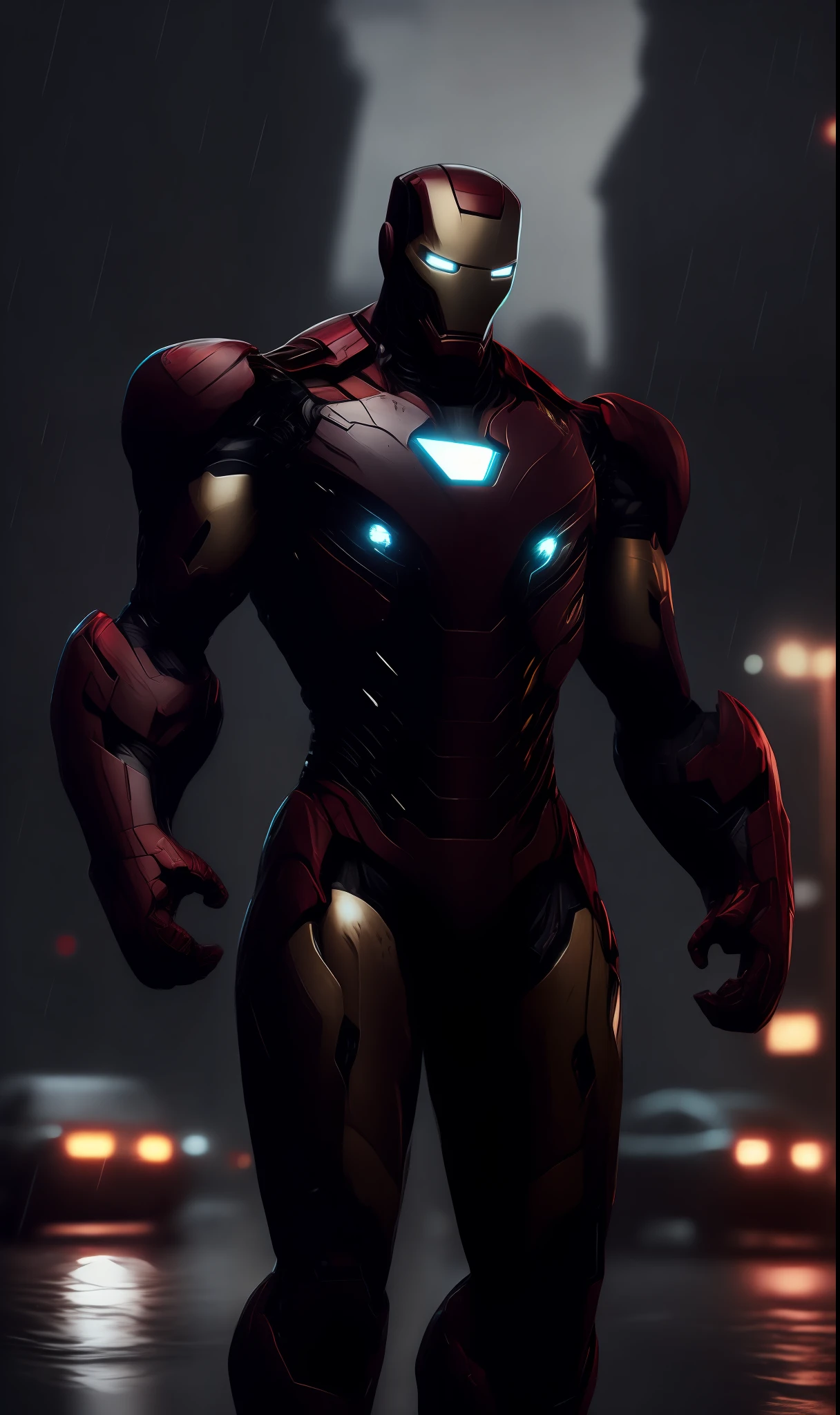 Photo of Iron Man Noir from Marvel standing outside the city 17, rainy, rtx, octane, unreal