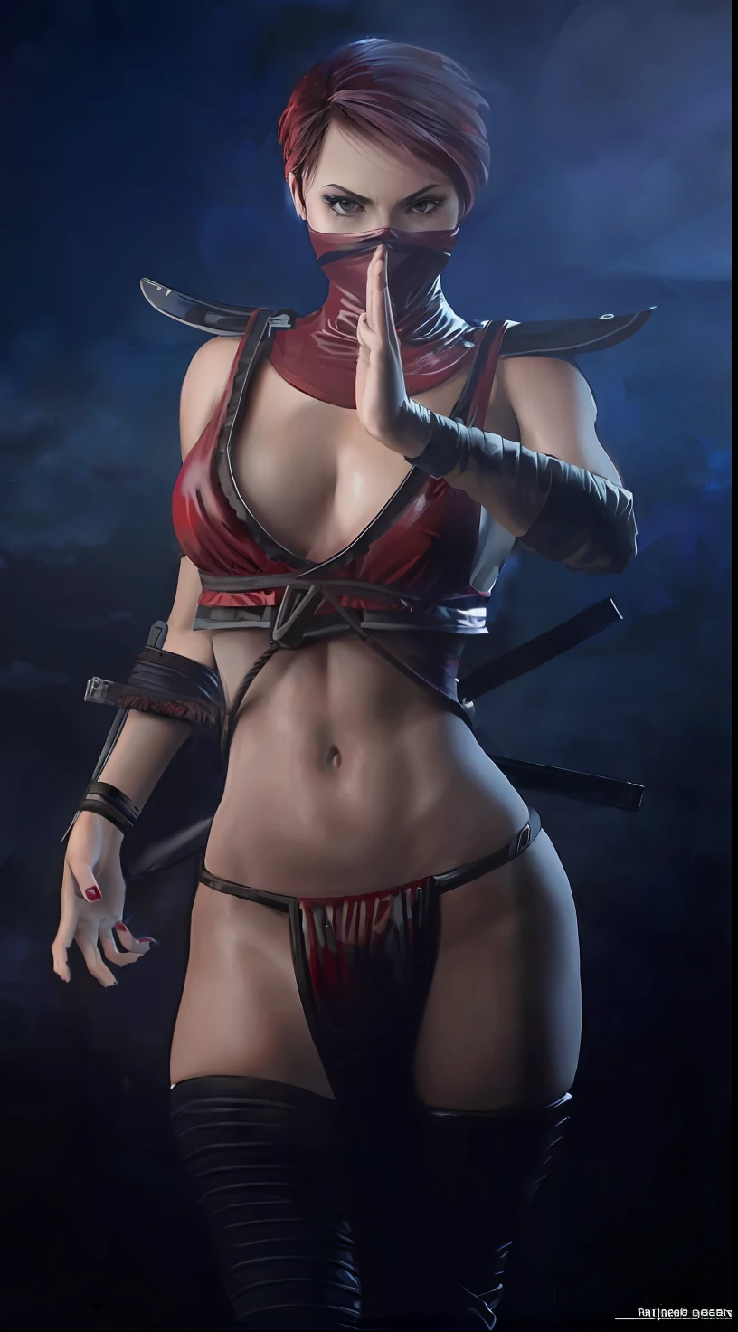 a woman in a red outfit with large breasts, large thighs, voluptuous;