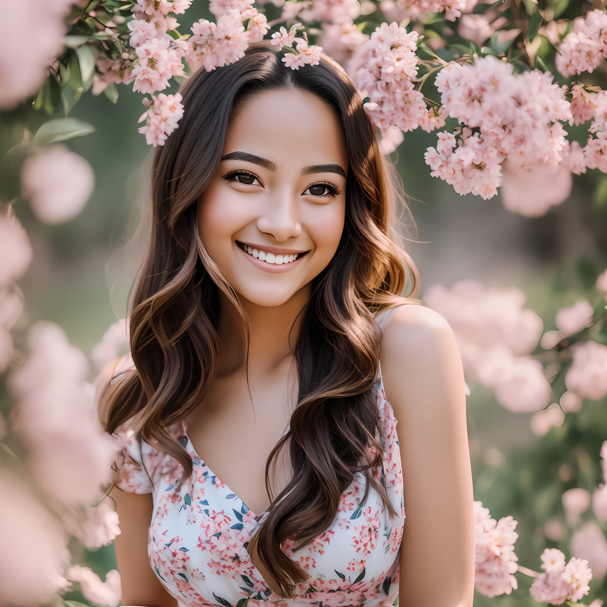 soft portrait 8k shot, smiling young woman, subtle confident smile, attractive female face, 60 mm portrait, beautiful smiling face, beautiful and smiling, beautiful latin face, smiling woman, 7 0 mm portrait, perfect face, wearing flowery dress, full body --auto --s2