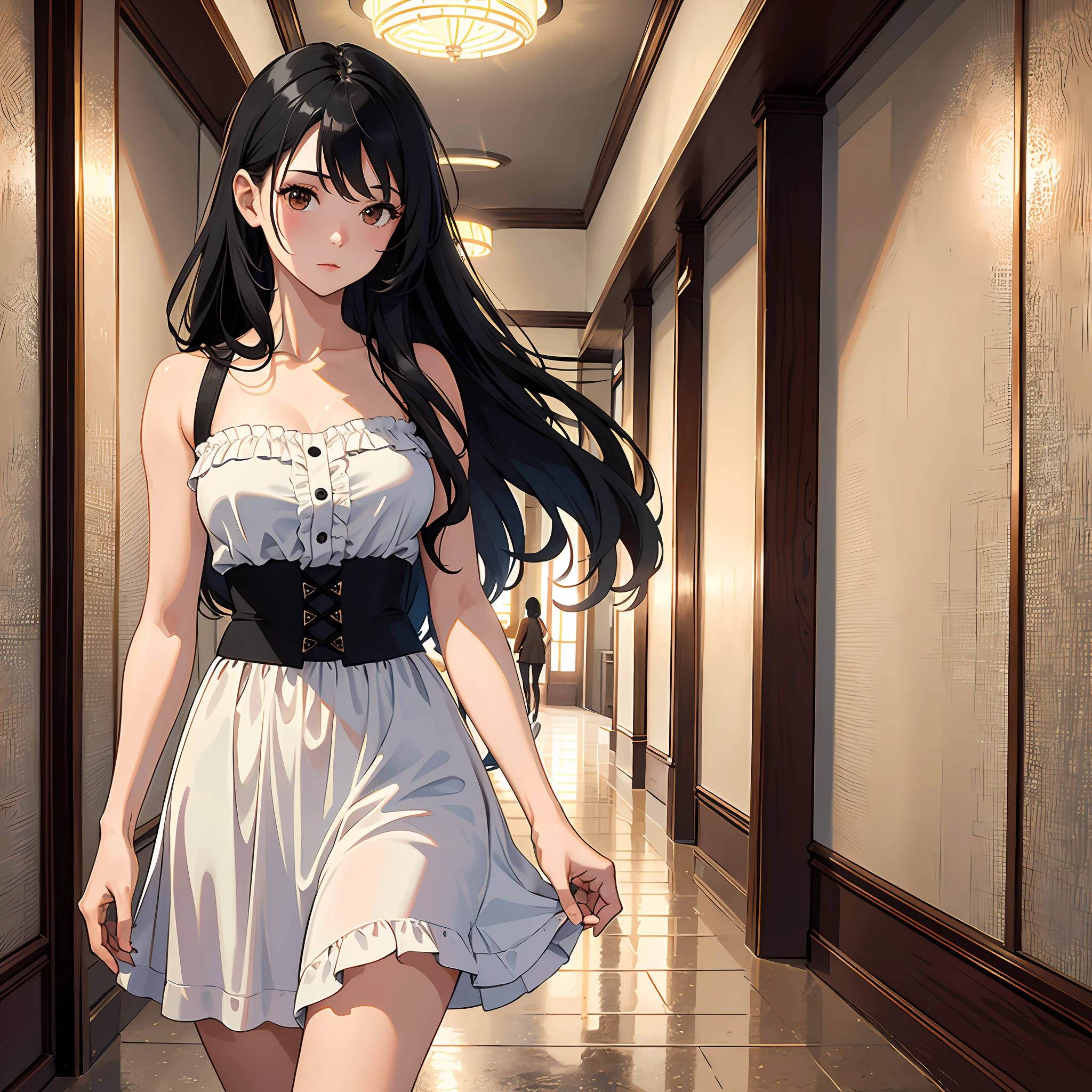 Ultra high resolution, 16k, ((masterpiece)), ((best quality))), ((super detailed)), upper body view, a girl with long black hair, standing in a hallway