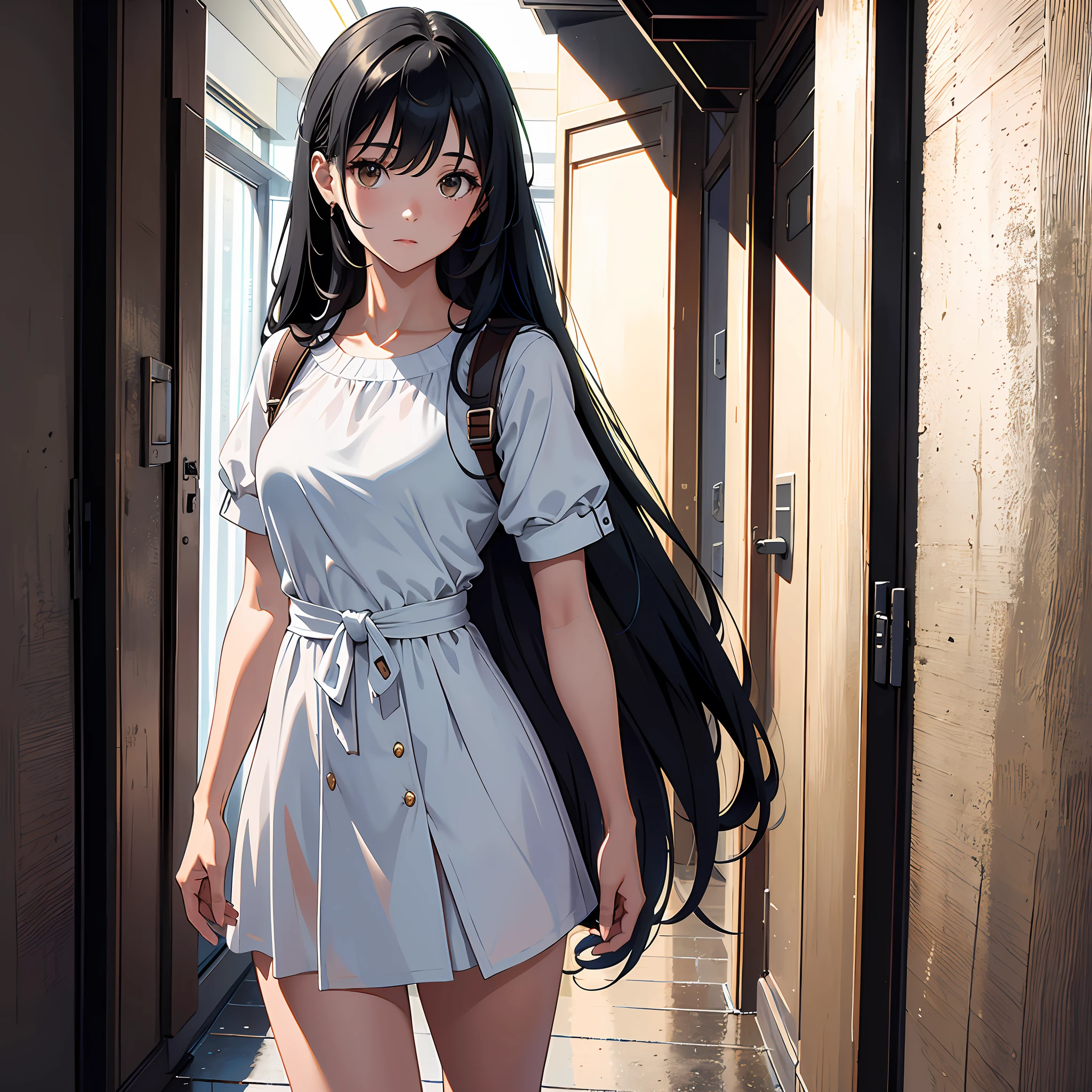 Ultra high resolution, 16k, ((masterpiece)), ((best quality))), ((super detailed)), upper body view, a girl with long black hair, standing in a hallway