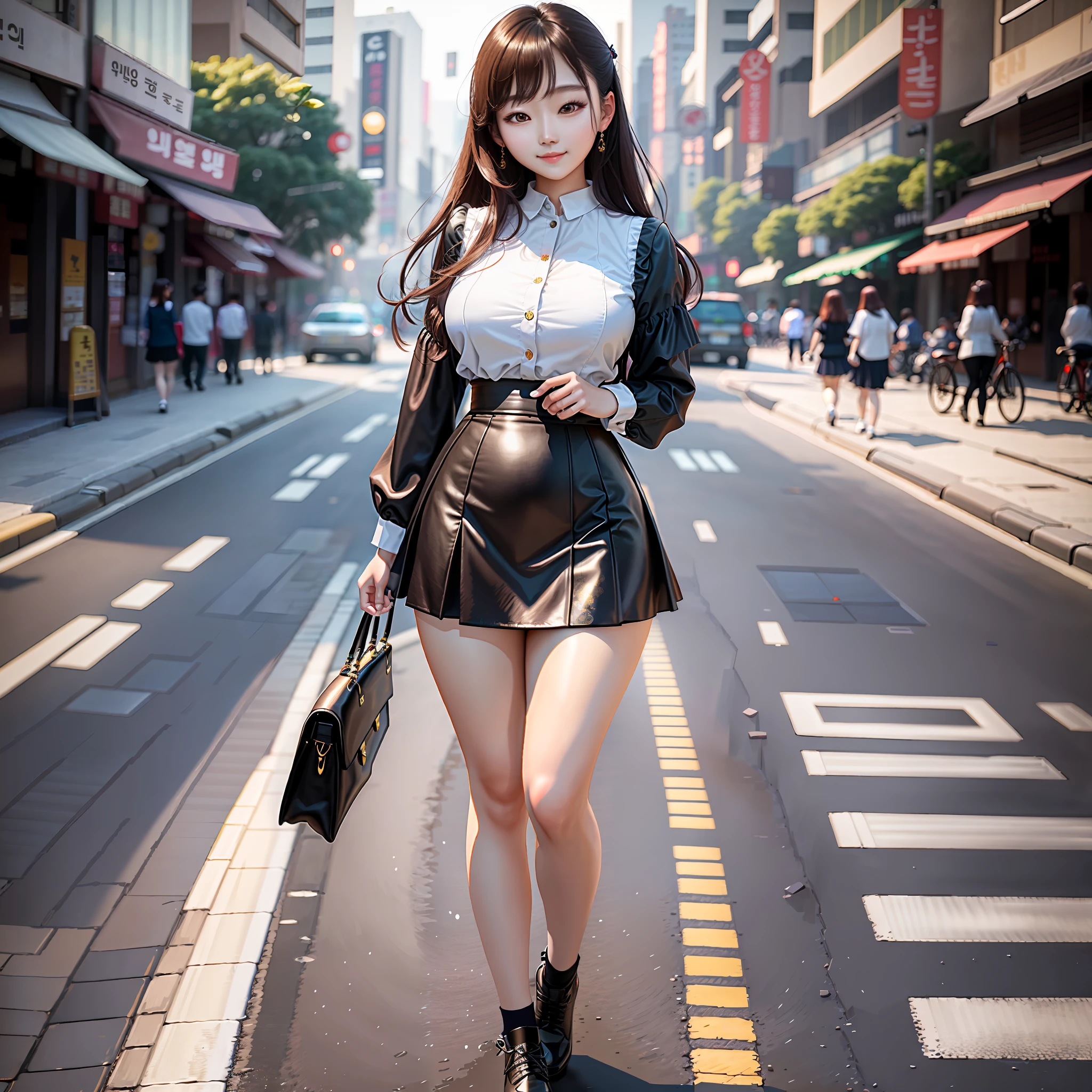masterpiece, maximum quality, ultra high resolution, 8k, korean girl, full body, detailed face, detailed eyes, shy smile, dressing mini skirt and blouse, wide hips, thick thighs, walking on the streets of Seoul