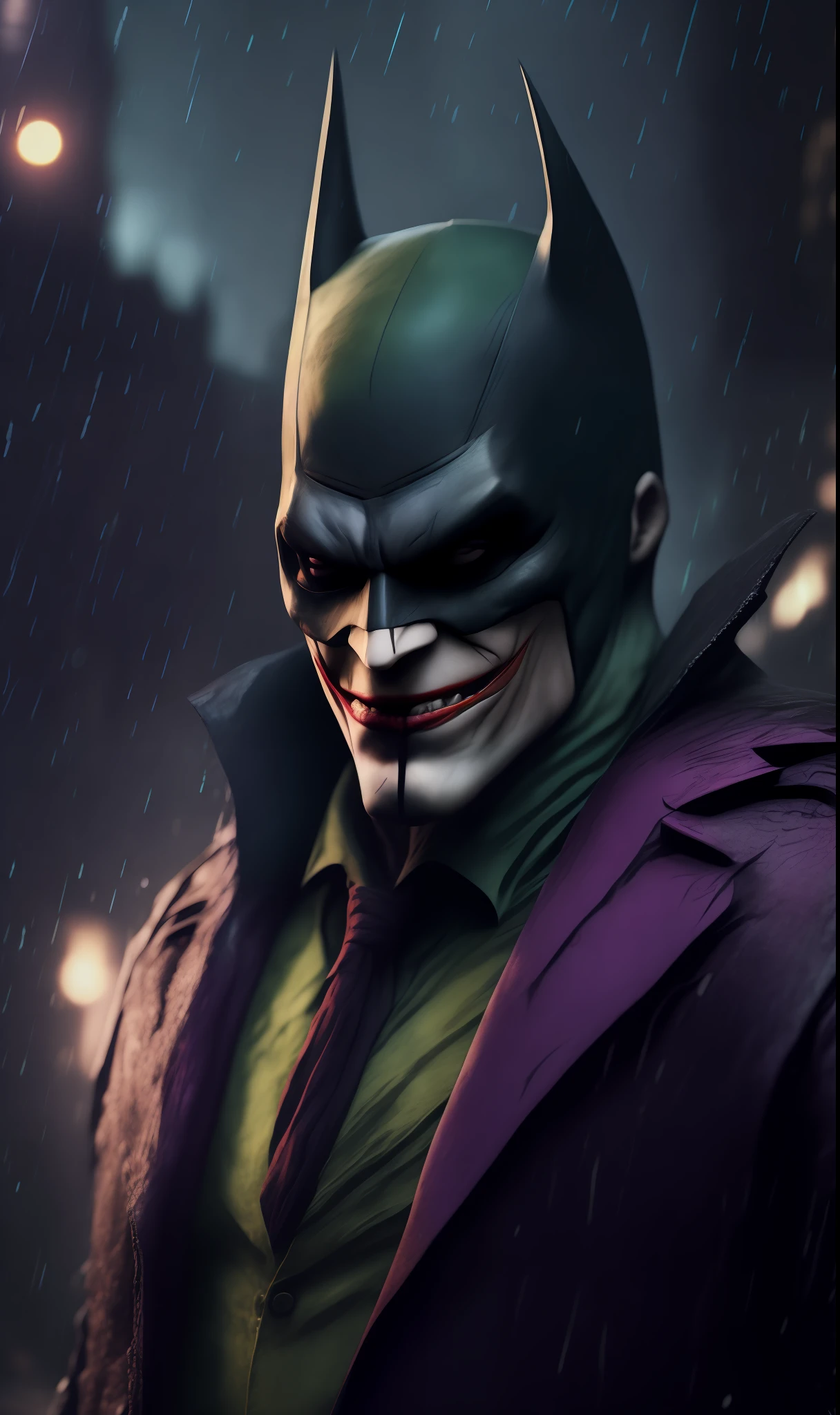 Photo of Batman Joker from DC, standing outside the city 17, rainy, rtx, octane, unreal
