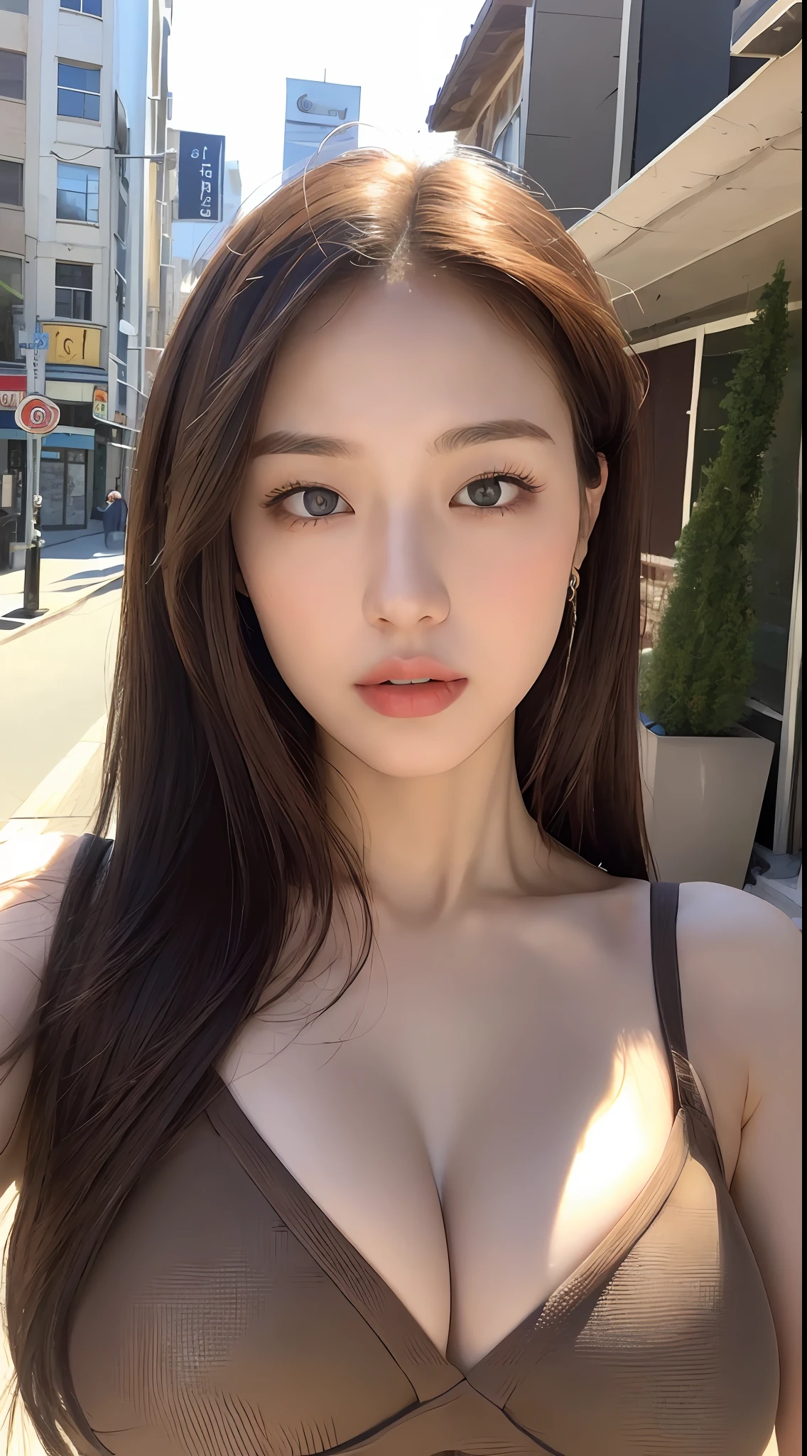 ((Best quality, 8k, Masterpiece :1.3)), Sharp focus :1.2, A pretty woman with perfect figure :1.4, Slender abs :1.2, ((Dark brown hair, Big breasts :1.2)), (Natural light, City street:1.1), Highly detailed face and skin texture, Detailed eyes, Double eyelid
