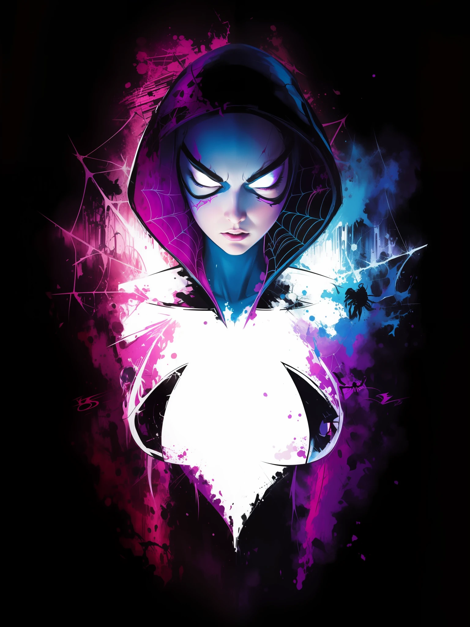 Comic style + Hyper-realistic oil painting, Full length cinematic poster of Spider-gwen in paint style. Cinematic, highly detailed, detailed face, realistic, black background with spider webs, vibrant colors.