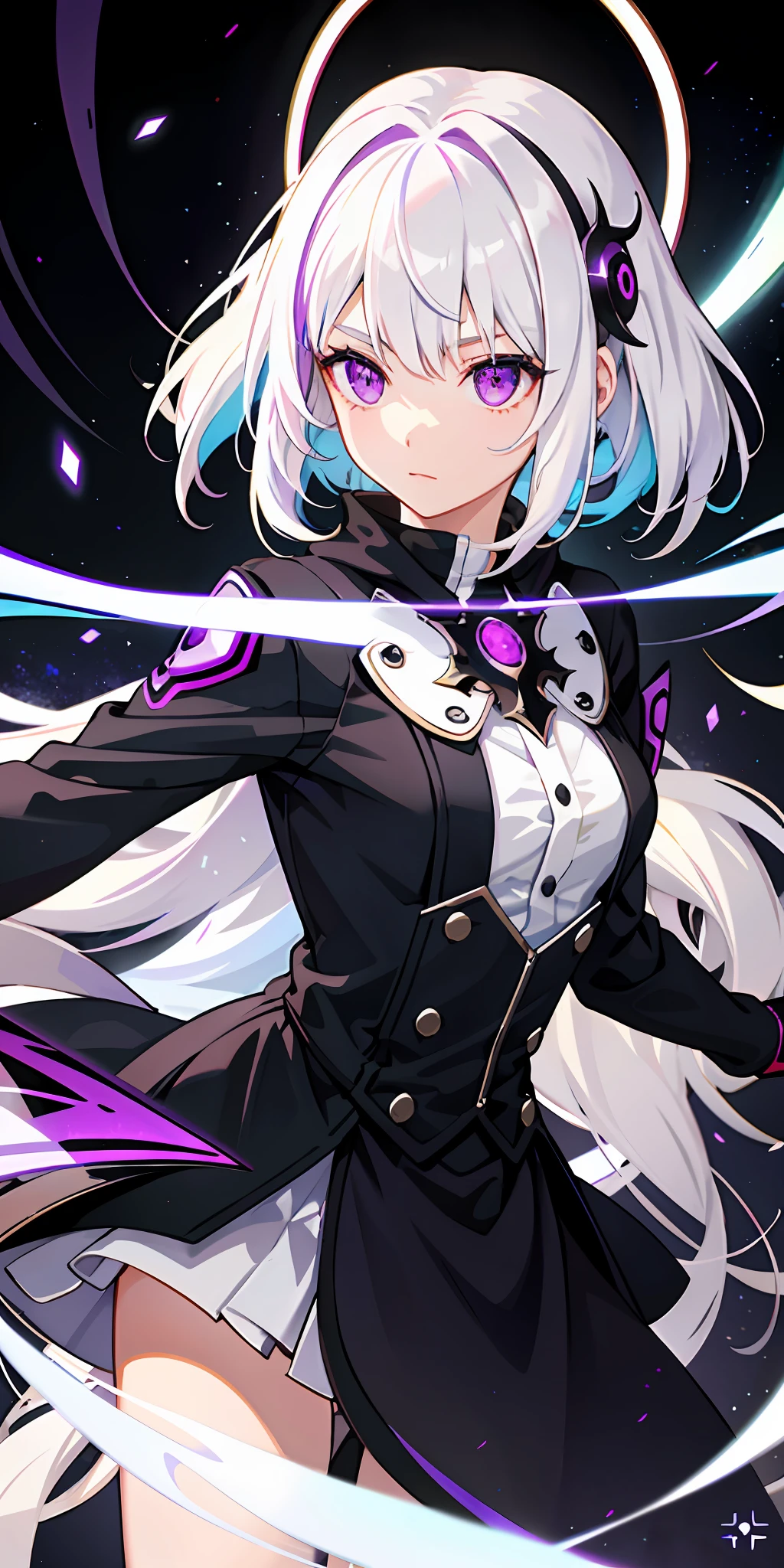 1girl, white hair, multicolored hair, purple eyes, mask on head, sidelighting, light particles, wallpaper,