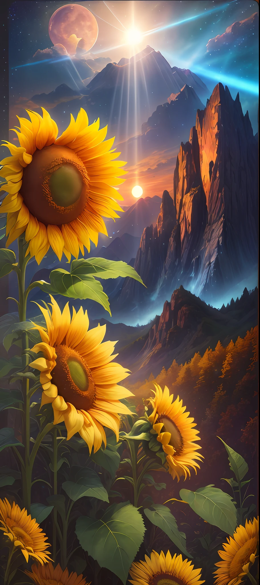 Masterpiece, 8k wallpapers, extremely detailed, best quality, high quality, landscapes. ((Colored sky)), clouds, (((Full moon, nebula and background stars))), (mountains), panorama, , Detail enhancement, Detail enhancement, sunflower, sunflowers, Flawless. Award-winning photography, Depth of field, HDR, Photorealism, Highly detailed, Intricate, High detail, Dramatic, ((color image)), ((single image)), night, realistic, (((vivid colors)), blue, red, yellow, orange, green, ((light rays, rays)),