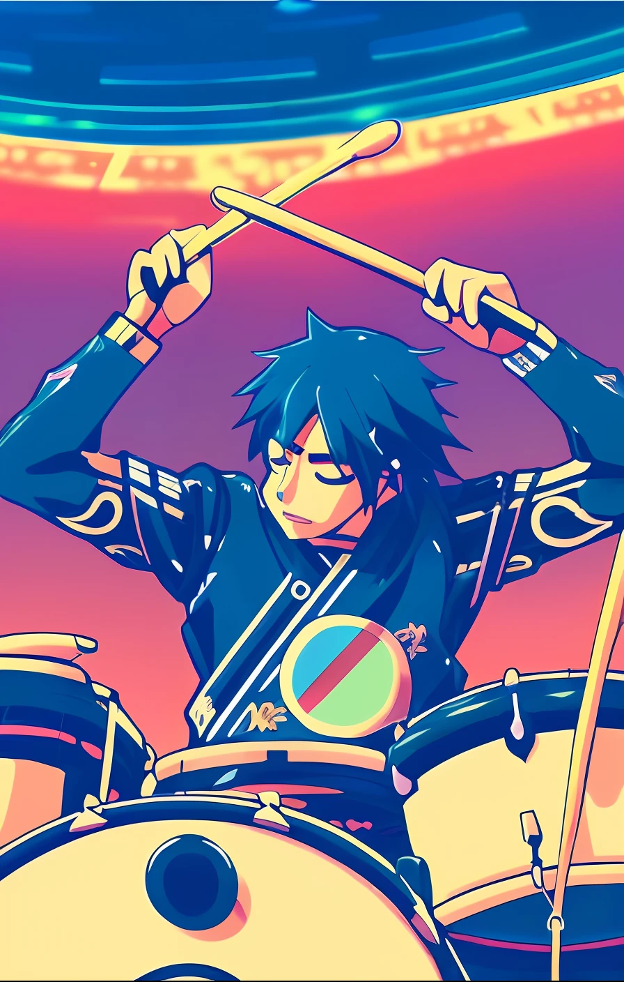 (a close up:1.2) of (a person playing a drum, making airwaves:1.2) on (a stage:1.1), (2d Anime style:1.8), full RGB