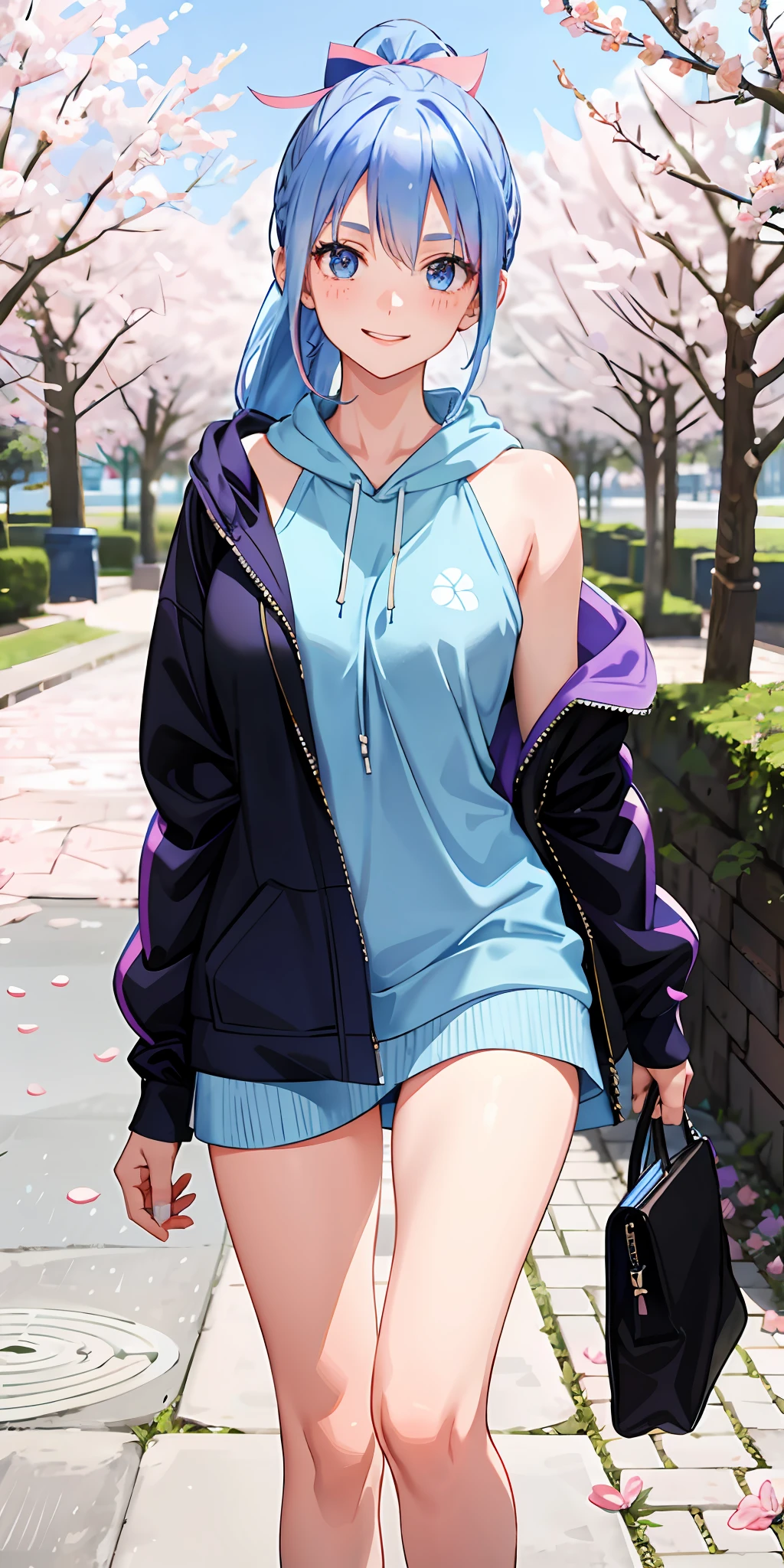 1girl, blue hair, ponytail hair, blue eyes, freckles, medium tits, blue hoodie with purple, smiling, sakura trees, sakura leaves on the floor