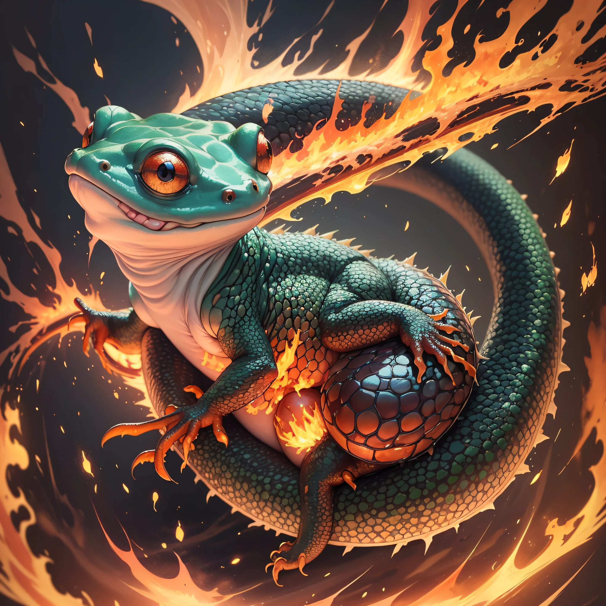 Imagine a salamander engulfed in flames. How would you illustrate the heat and light given off by this creature? --auto --s2