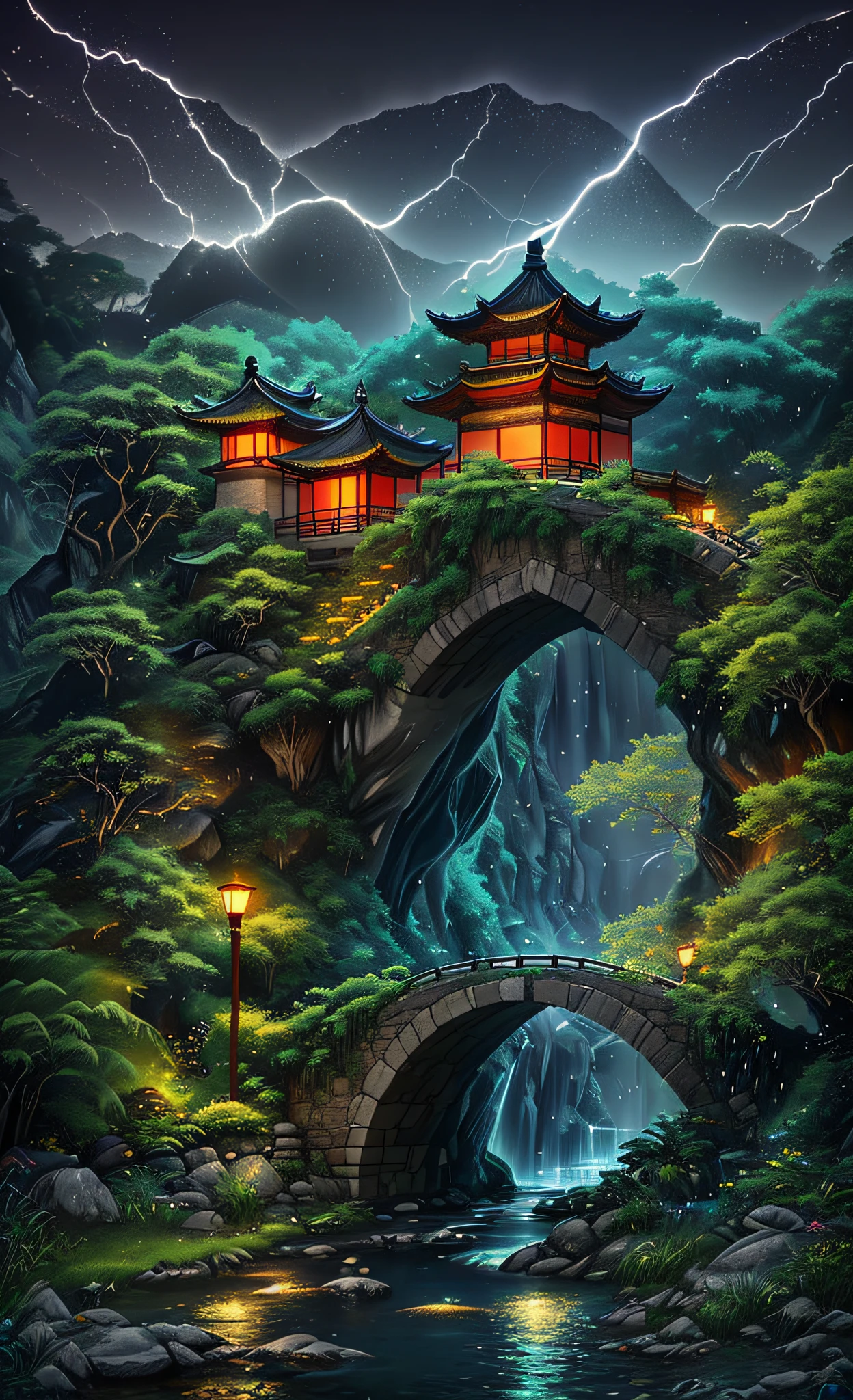 ((diffuse colors)) Ancient Chinese architecture, cool colors, dark night, moon, garden, bamboo, lake, stone bridge, rockery, arch, corner, tree, running water, landscape, outdoor, waterfall, grass, rock, intense rainfall, thunderstorm, vines all around, giant and wet trees, with glowing leaves in the trees, glowing fireflies and glowing particle effects, masterpiece, best quality, high quality, extremely detailed CG unity 8k wallpaper, oil paiting, award winning photography, Bokeh, Depth of Field, HDR, bloom, ,Photorealistic,extremely detailed, trending on artstation, trending on CGsociety, Intricate, High Detail, dramatic, art by midjourney, volumetric lighting