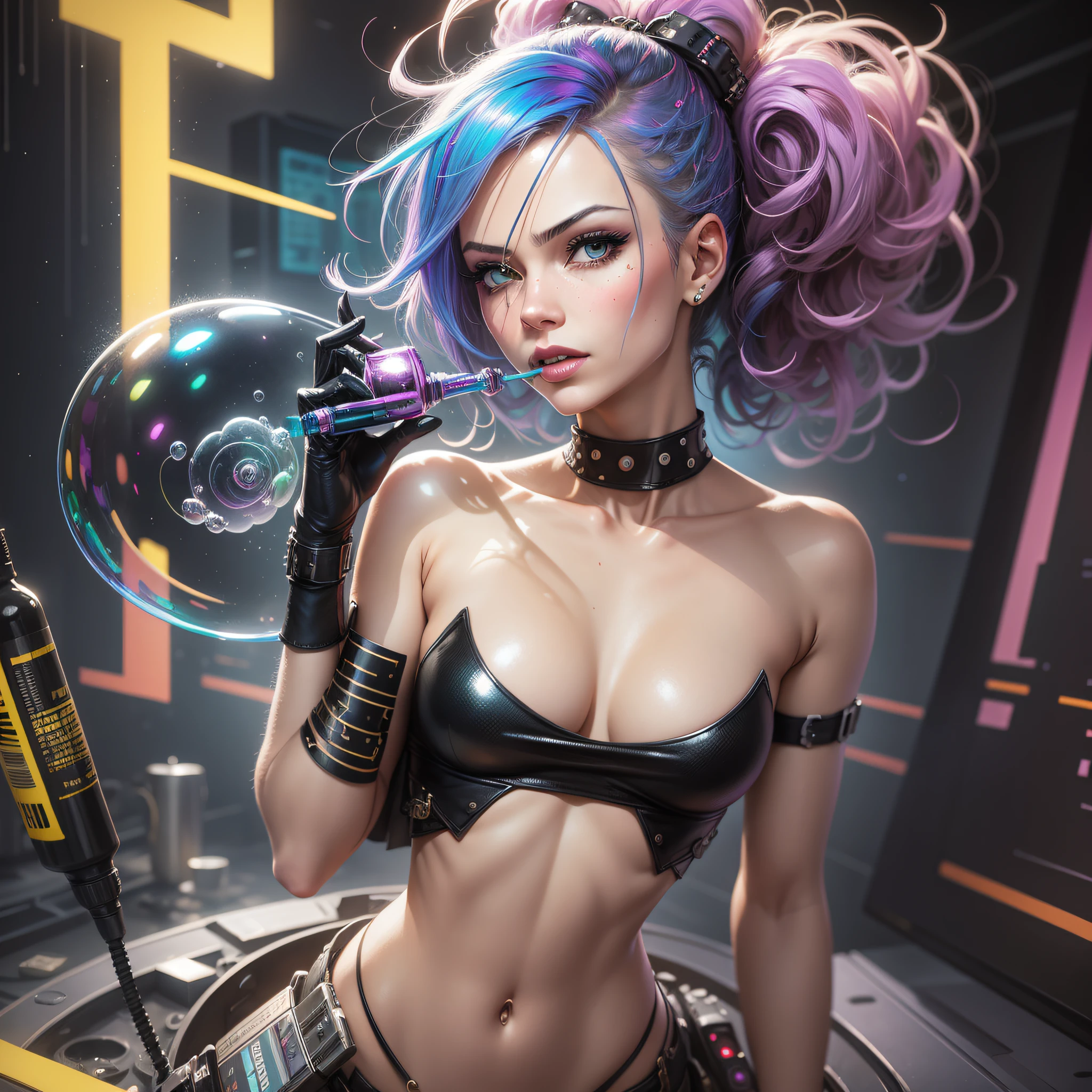 Style Snthwve Nvinkpunk Drunk Beautiful Woman Like Sandman Delusion, (Hallucinating Colorful Soap Bubbles), by Jeremy Mann, by Sandra Chevrier, by Dave McKean and Richard Avedon and Maciej Kuciara, Punk Rock, Tank Girl, High Detailed, 4K, RTX, ISO 2, HD v4, Well Defined Face, Fine Lines, Gab, GBA, RDB, VGA 1.2 Pixel thin, 1.1, scenery interacting with glittering colors, mirrored the lights, in focus from behind the character.