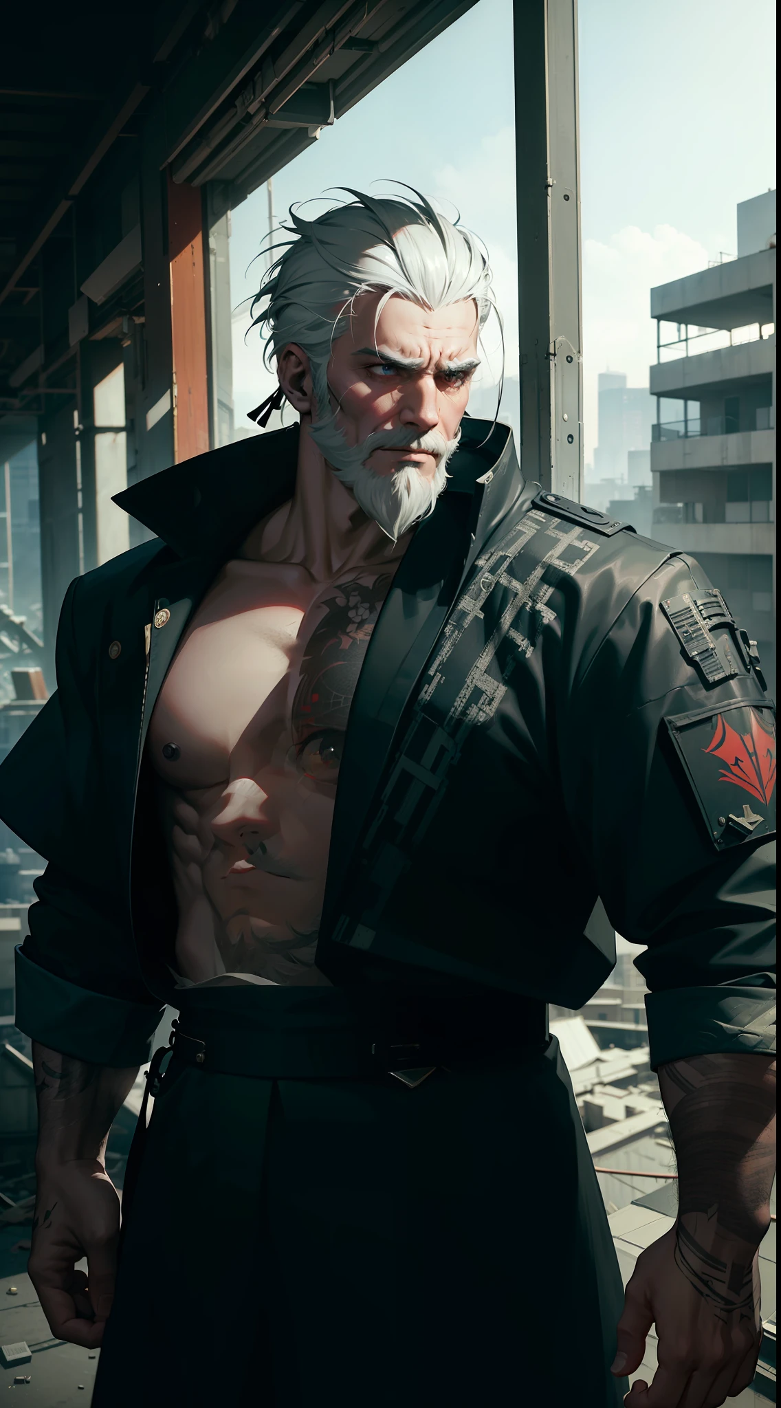 ((masterpiece 1.2)), high details, cyber punk, fighting position, wearing kimono, bearded man with piercing gaze, white hair, set in abandoned buildings, depth of field, (4K), cinema, dramatic lighting, deep shadows, (intense HDR), canon lens, sparkle, textured