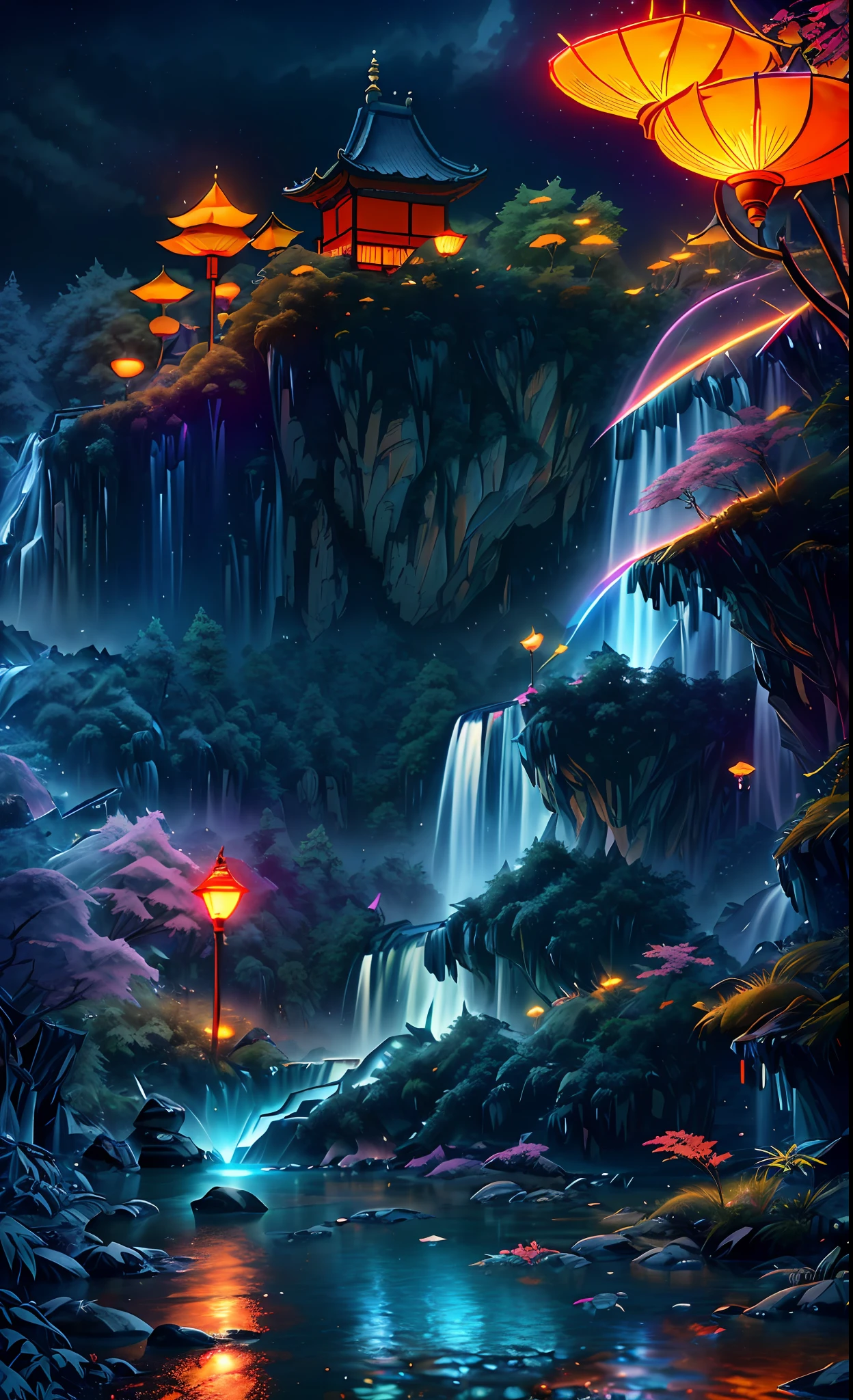 ((diffuse colors)) Ancient Chinese architecture, cool colors, dark night, moon, garden, bamboo, lake, stone bridge, rockery, arch, corner, tree, running water, landscape, outdoor, waterfall, grass, rock, intense rainfall, thunderstorm, vines all around, giant and wet trees, with glowing leaves in the trees, glowing fireflies and glowing particle effects, masterpiece, best quality, high quality, extremely detailed CG unity 8k wallpaper, oil paiting, award winning photography, Bokeh, Depth of Field, HDR, bloom, ,Photorealistic,extremely detailed, trending on artstation, trending on CGsociety, Intricate, High Detail, dramatic, art by midjourney, volumetric lighting
