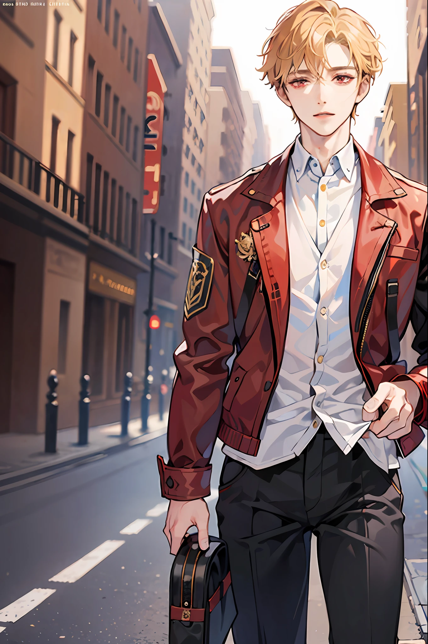 (best quality CG illustration): A handsome young man with red eyes and short blonde hair is standing dressed in stylish modern clothing, holding a camera as if ready to capture the perfect moment.