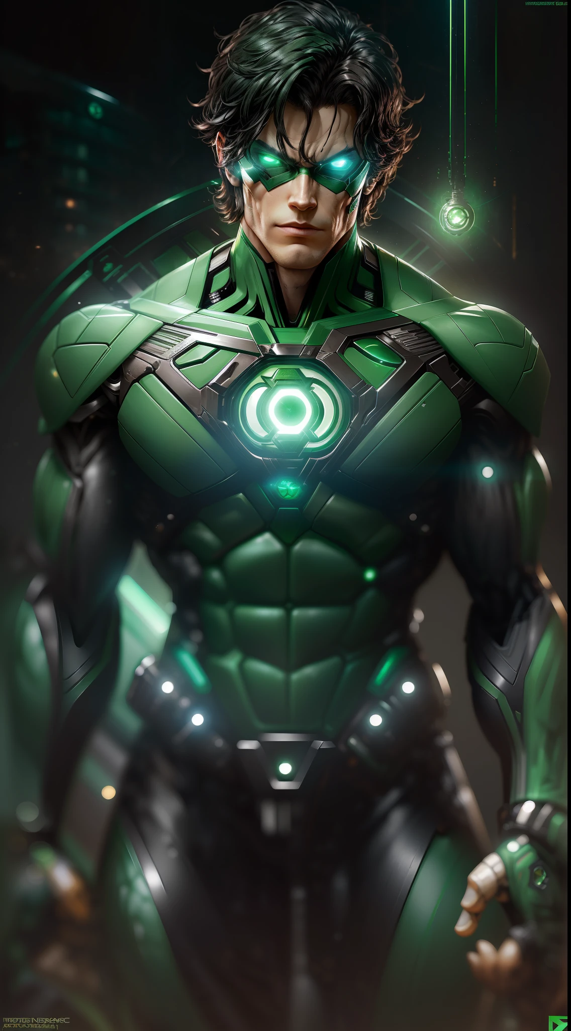 Nightwing Green Lantern from DC photography, biomechanical, complex robot, full growth, hyper-realistic, insane fine details, extremely clean lines, cyberpunk aesthetic, a masterpiece featured at Zbrush Central