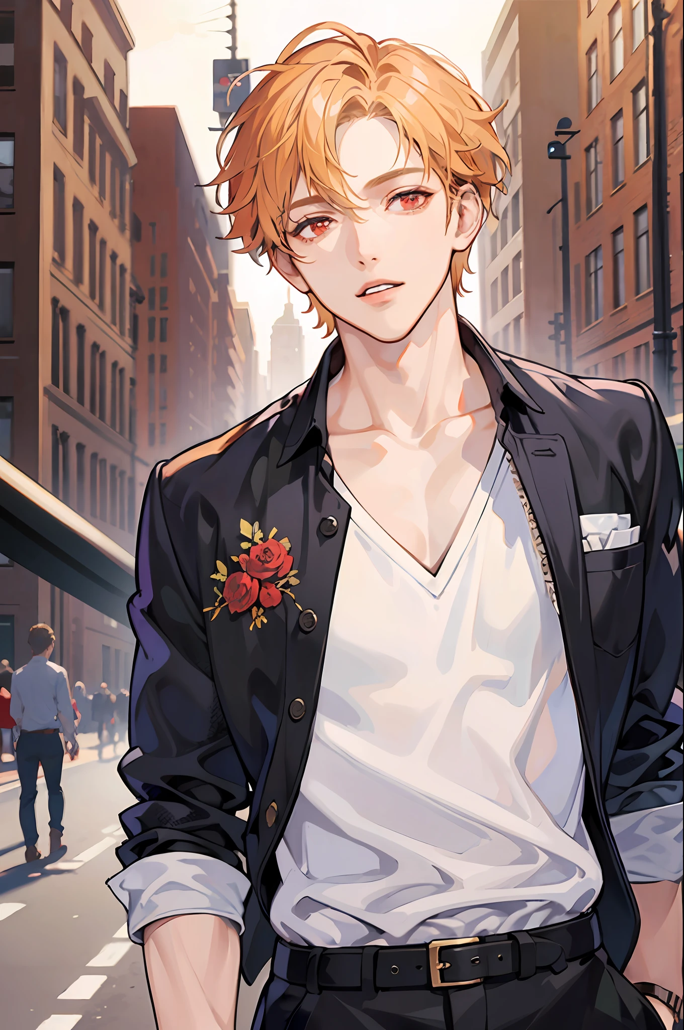 (best quality CG illustration): A handsome young man with red eyes and short blonde hair is standing dressed in stylish modern clothing, holding a camera as if ready to capture the perfect moment.