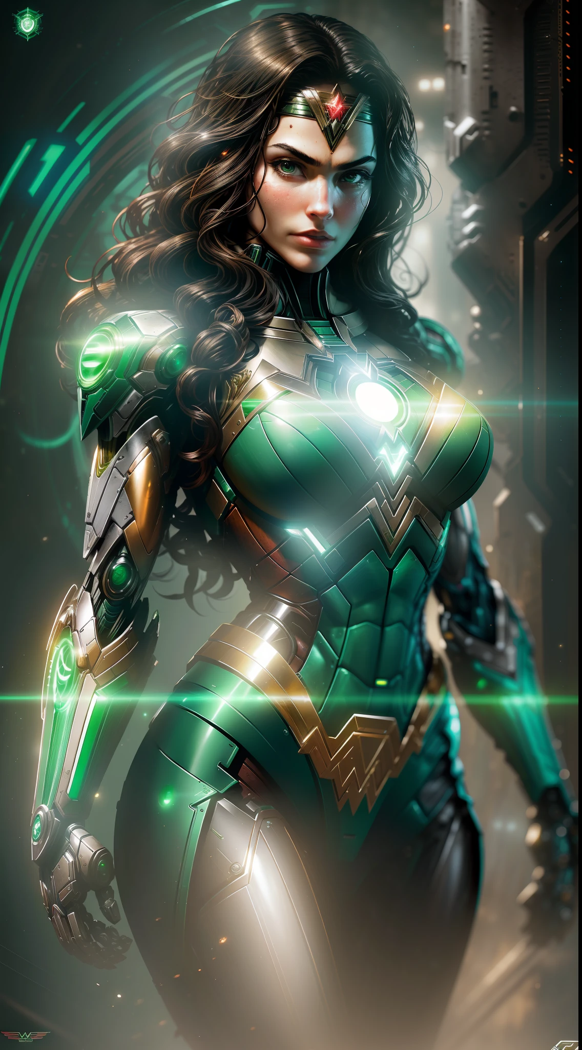 Wonder Woman Green Lantern from DC photography, biomechanical, complex robot, full growth, hyper-realistic, insane fine details, extremely clean lines, cyberpunk aesthetic, masterpiece featured at Zbrush Central