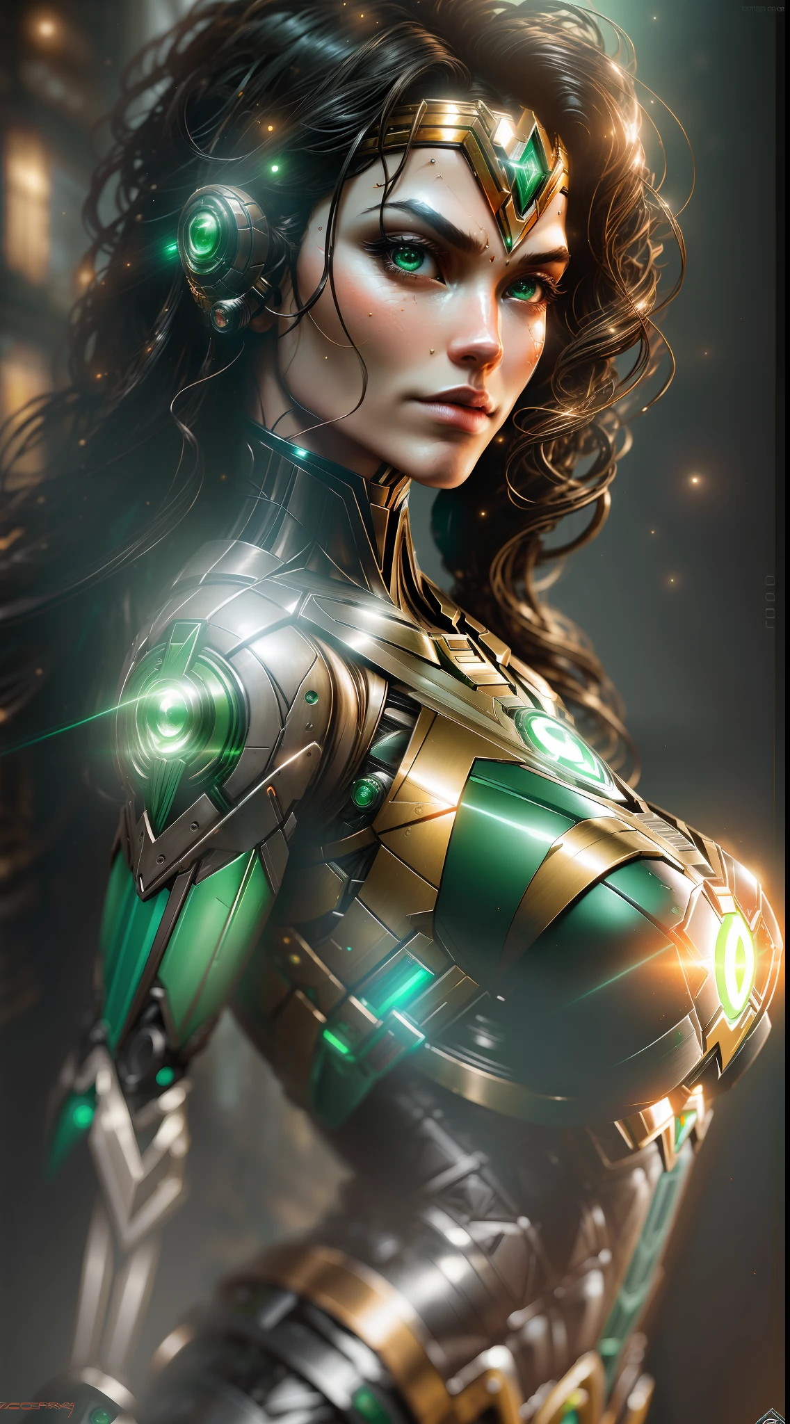 Wonder Woman Green Lantern from DC photography, biomechanical, complex robot, full growth, hyper-realistic, insane fine details, extremely clean lines, cyberpunk aesthetic, masterpiece featured at Zbrush Central