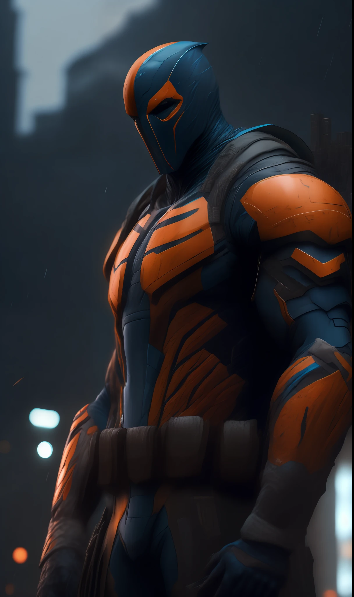 Photo of Deathstroke from DC standing outside the city 17, rainy, rtx, octane, unreal