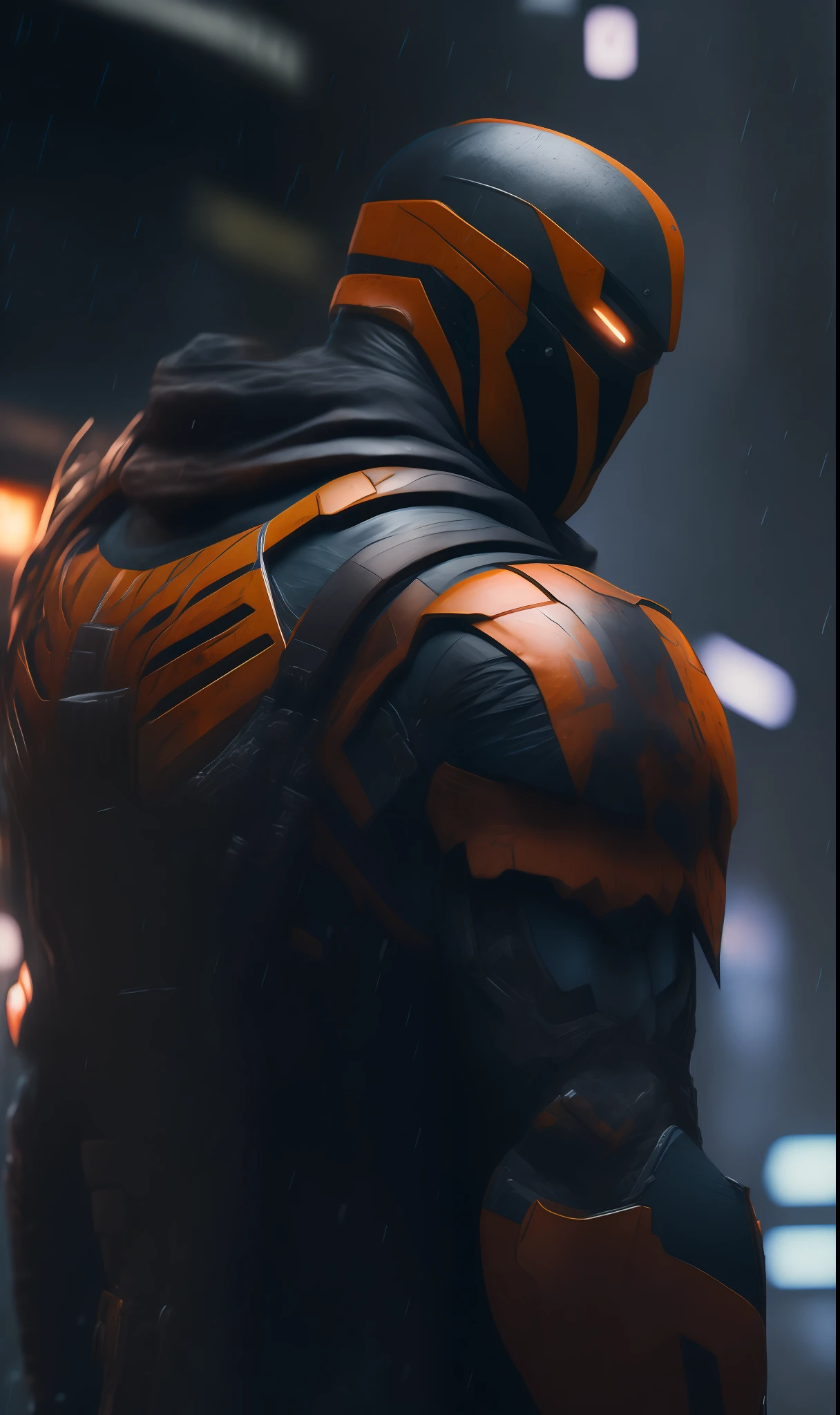 Photo of Deathstroke from DC standing outside the city 17, rainy, rtx, octane, unreal