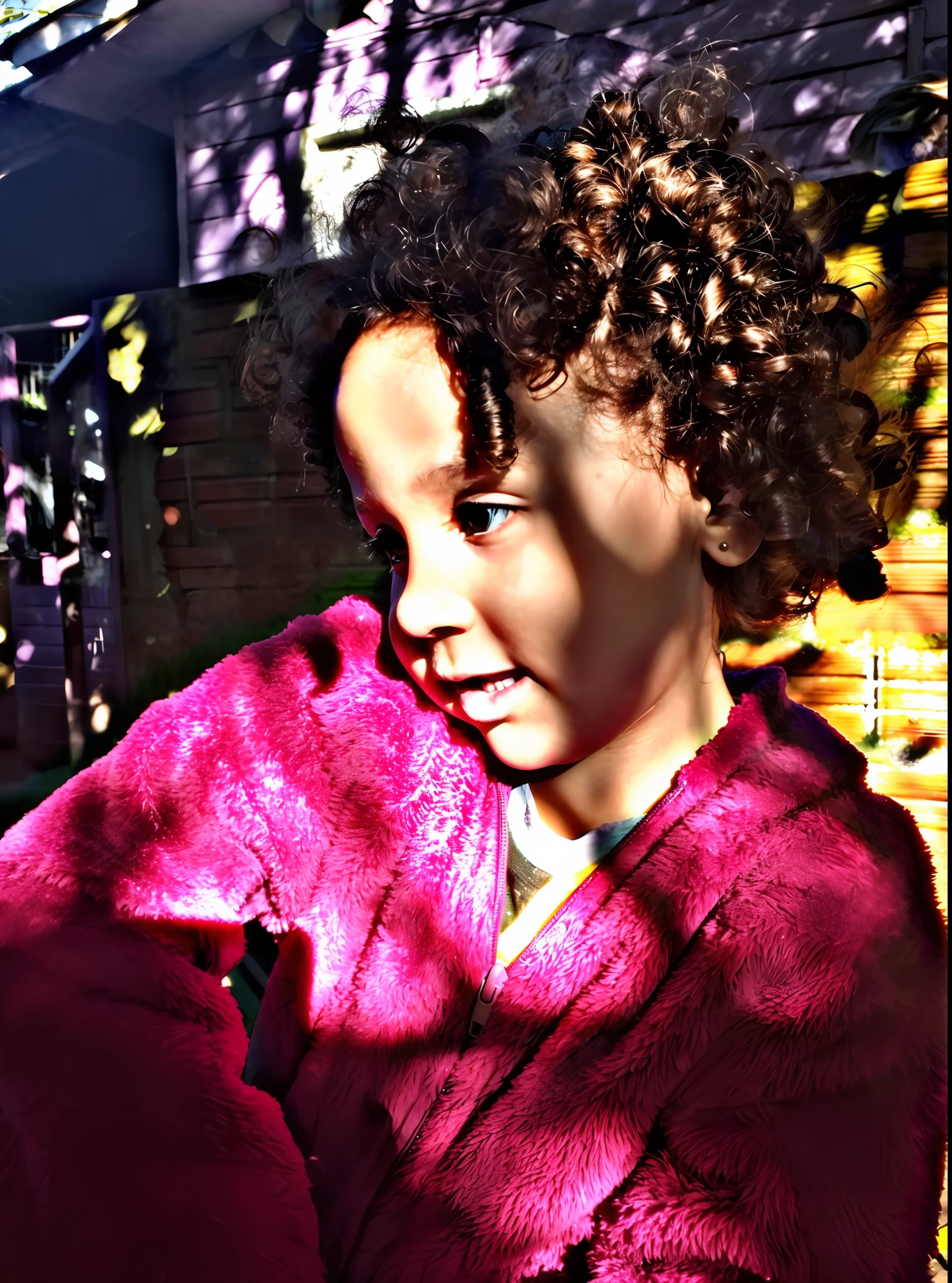 There is a girl in a pink jacket holding a cell phone, backlit portrait, afternoon sun, full morning sun, afternoon sun, colorful portrait, hard morning light, afternoon light, taken on ipad, in the sun, late afternoon sun, intense sunlight, backlit face, sun behind him, light-skinned African girl, photographic portrait, golden hour of the morning